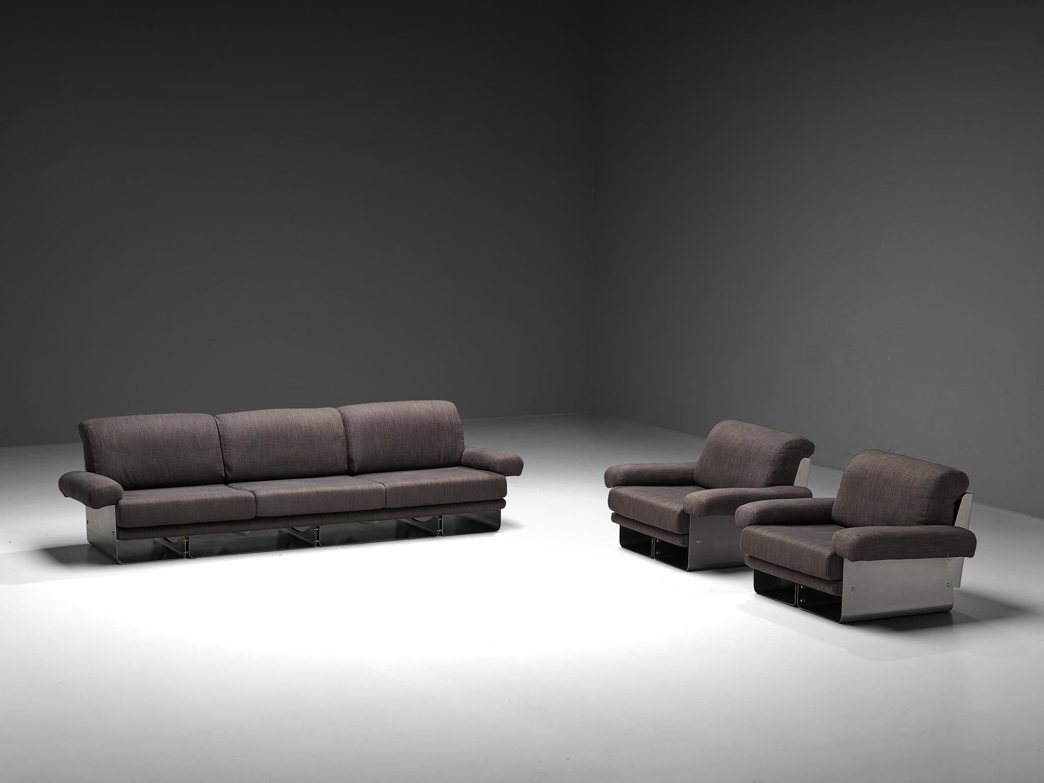 Post-Modern French Three-Seat Sofa in Brushed Steel & Grey Upholstery 1970s seating Morentz