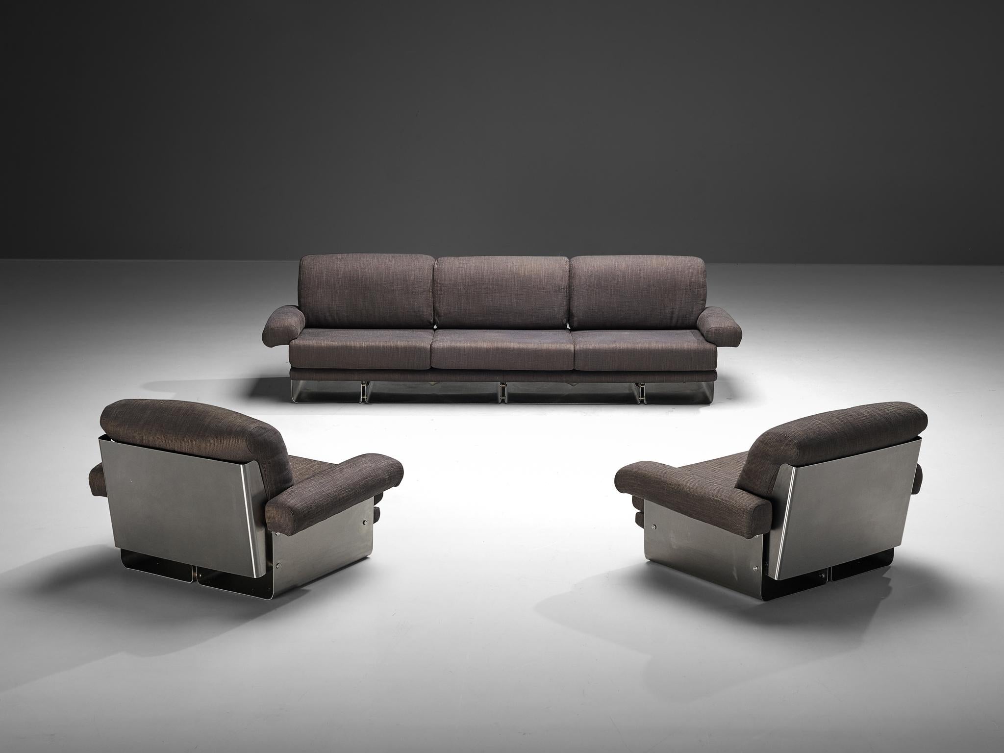 Post-Modern French Three-Seat Sofa in Brushed Steel & Grey Upholstery 1970s seating Morentz