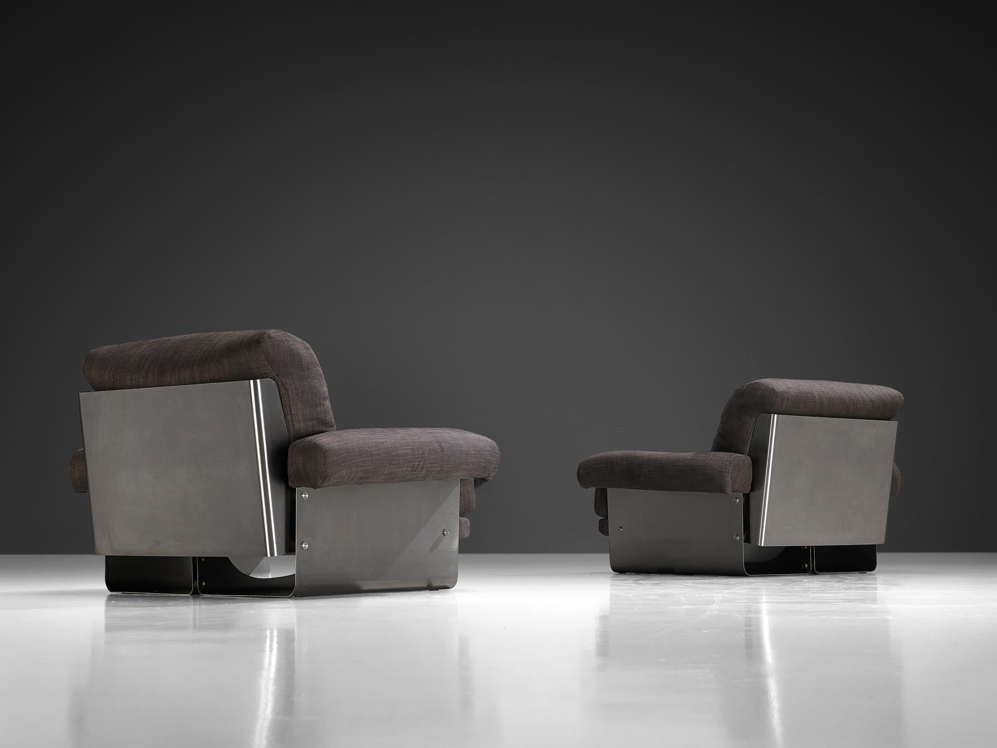 Post-Modern French Pair of Lounge Chairs in Brushed Steel & Grey Upholstery seating Morentz