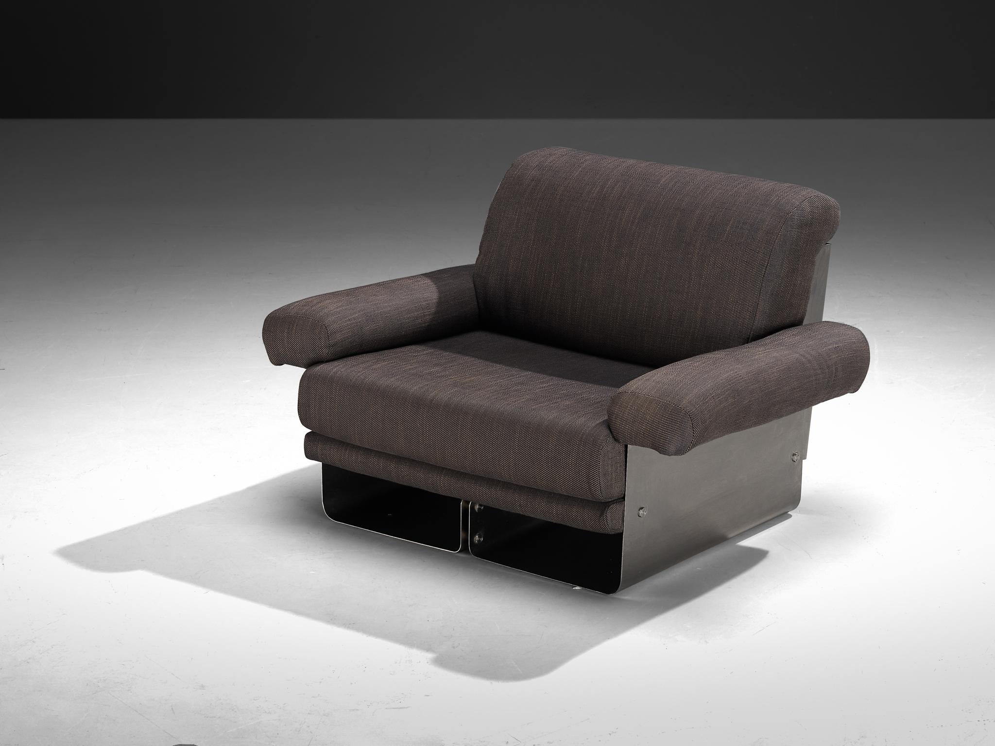 Post-Modern French Pair of Lounge Chairs in Brushed Steel & Grey Upholstery seating Morentz