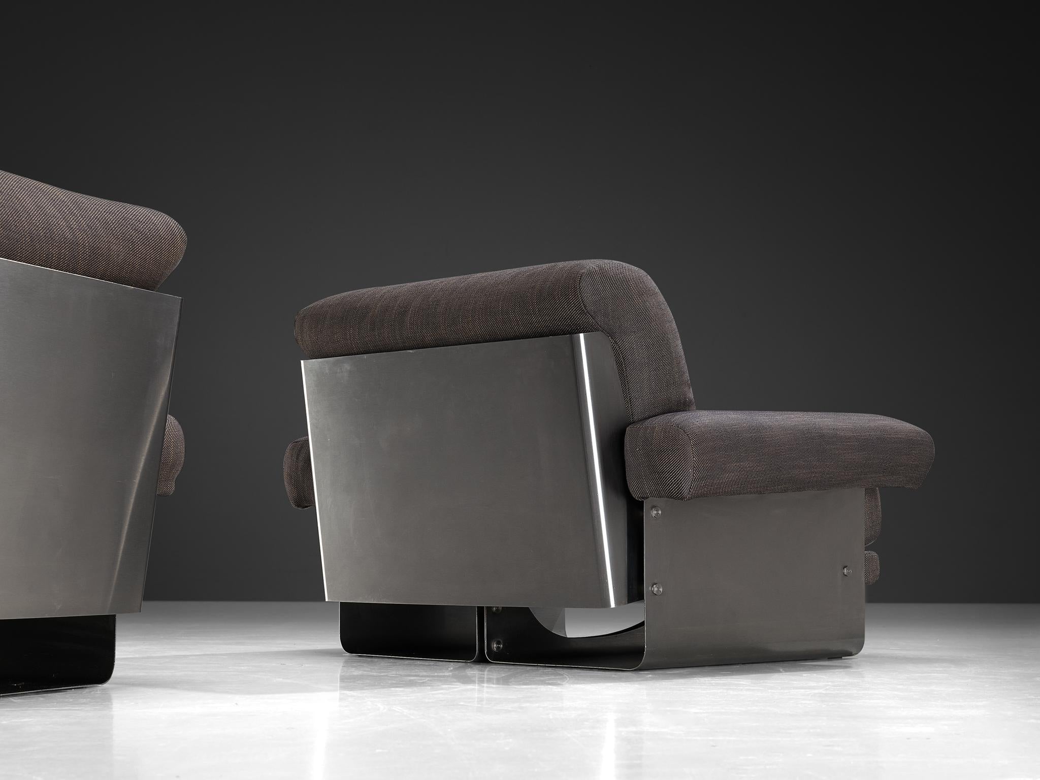 Post-Modern French Pair of Lounge Chairs in Brushed Steel & Grey Upholstery seating Morentz