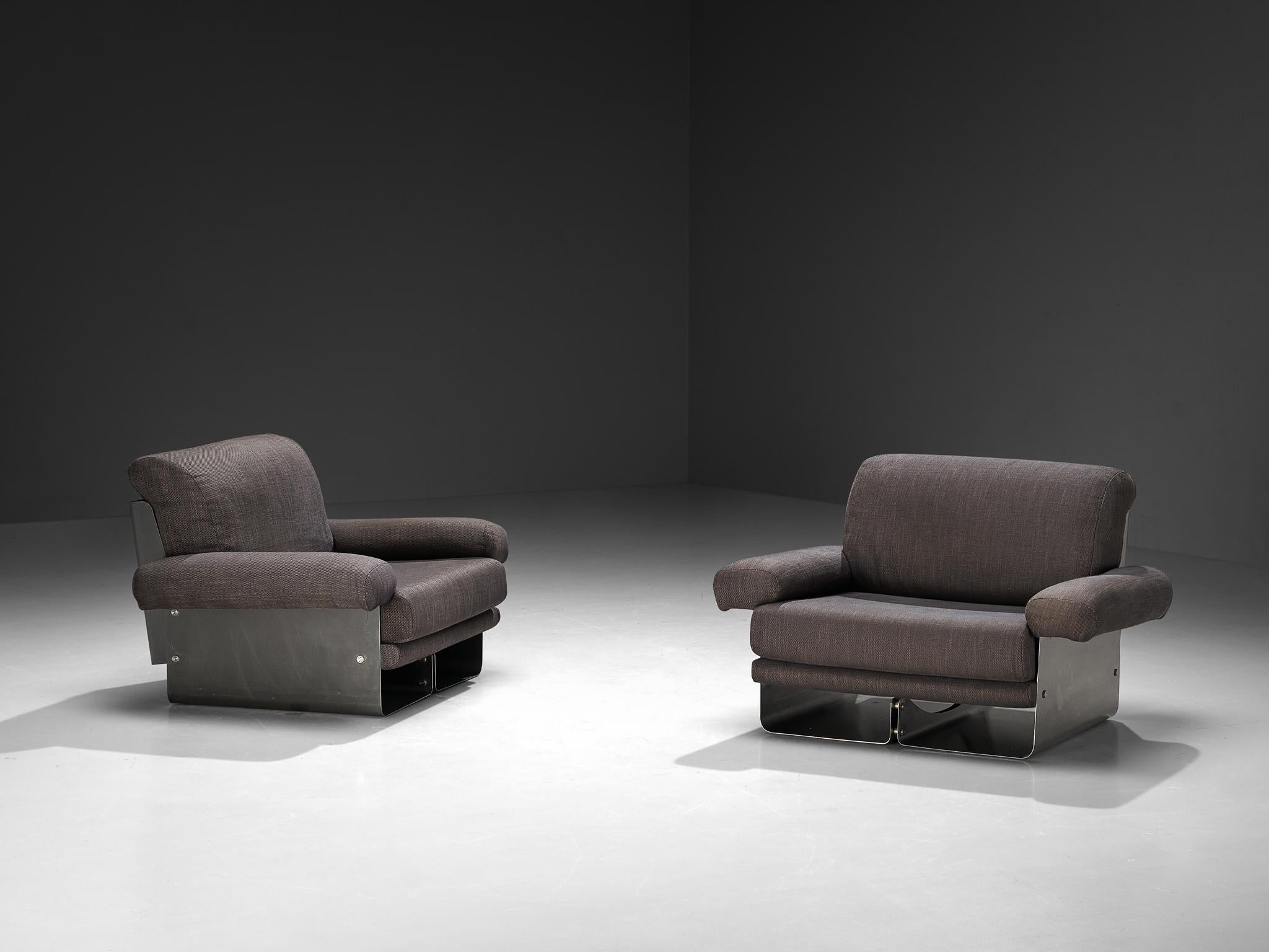 Post-Modern French Pair of Lounge Chairs in Brushed Steel & Grey Upholstery seating Morentz