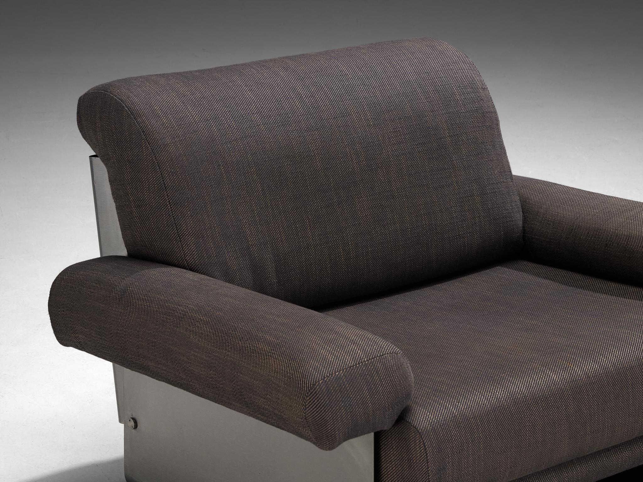 Post-Modern French Pair of Lounge Chairs in Brushed Steel & Grey Upholstery seating Morentz