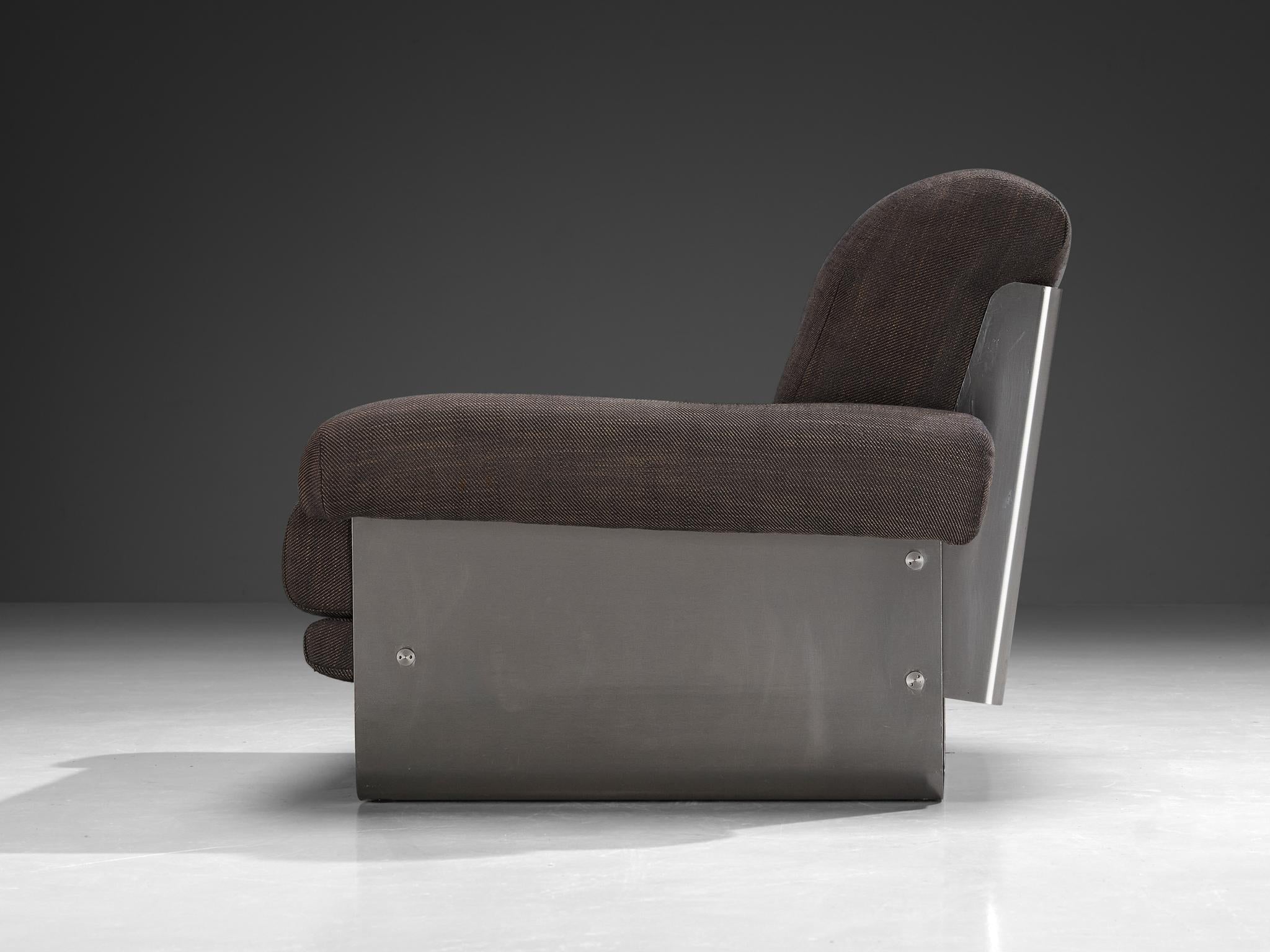 Post-Modern French Pair of Lounge Chairs in Brushed Steel & Grey Upholstery seating Morentz