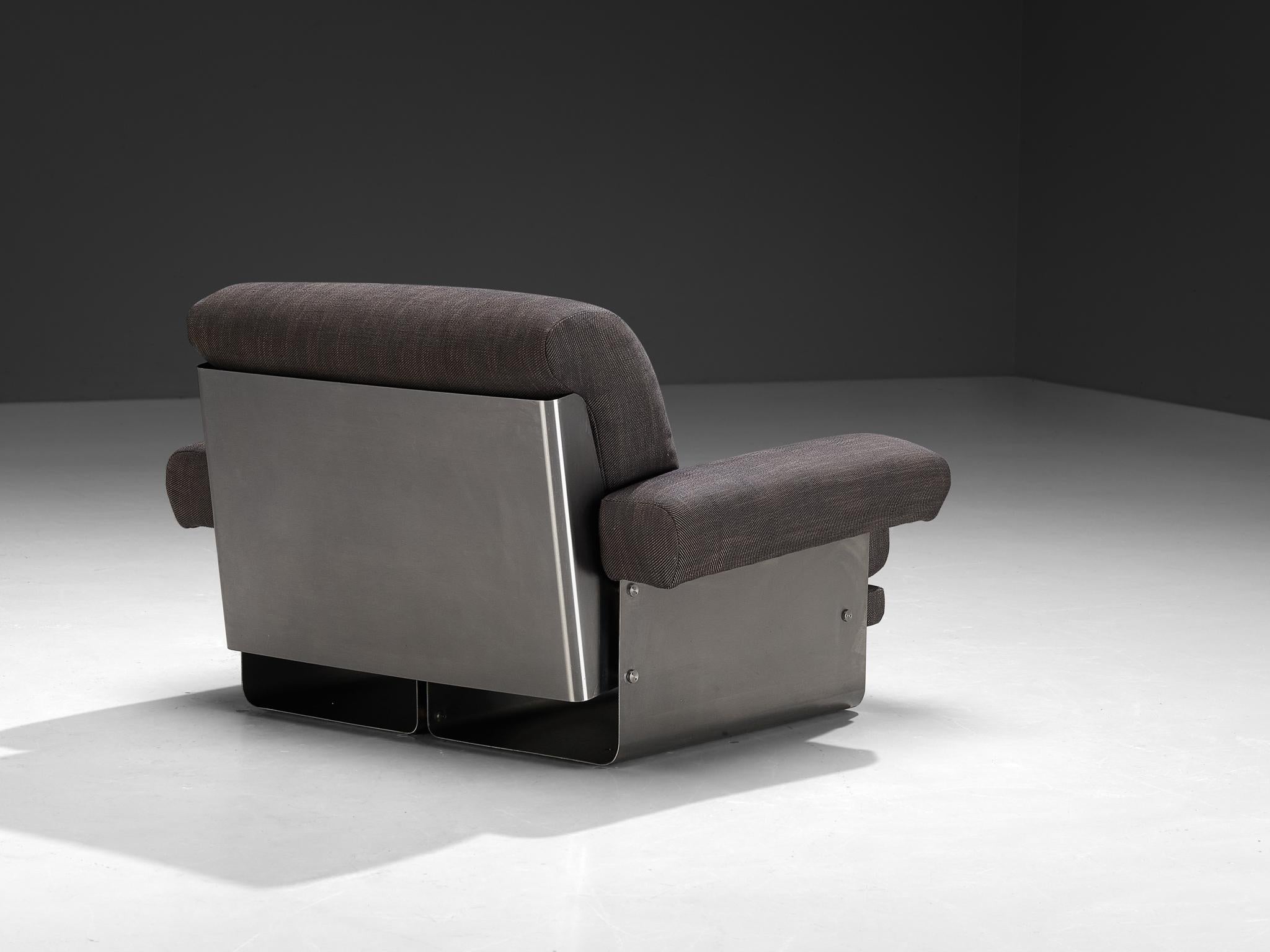 Post-Modern French Pair of Lounge Chairs in Brushed Steel & Grey Upholstery seating Morentz