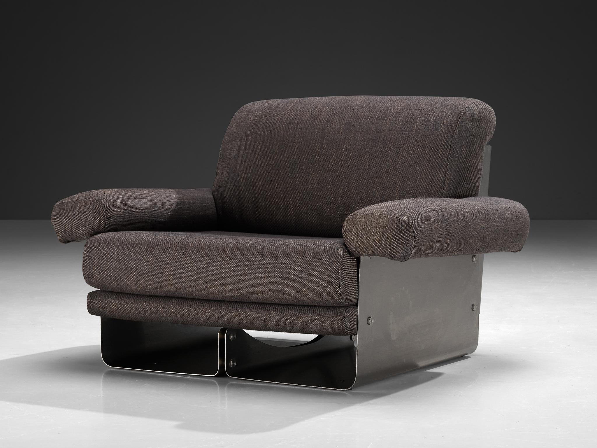 Post-Modern French Pair of Lounge Chairs in Brushed Steel & Grey Upholstery seating Morentz