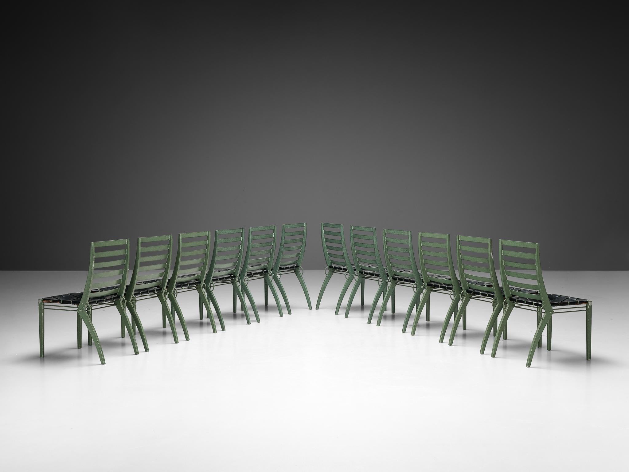 Art Deco Inspired Set of Twelve Dining Chairs in Green Metal Black Leather seating Morentz