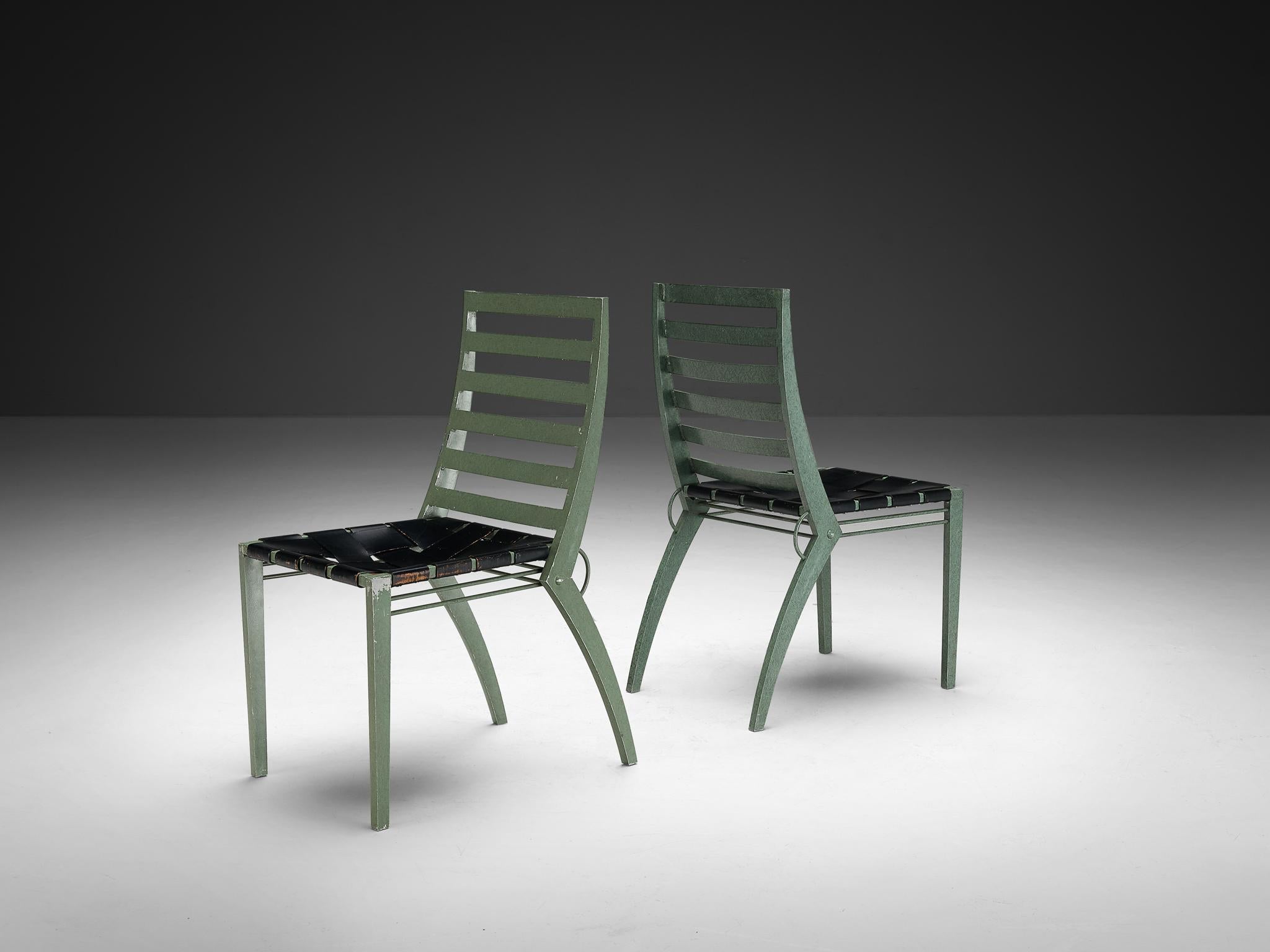 Art Deco Inspired Set of Twelve Dining Chairs in Green Metal Black Leather seating Morentz