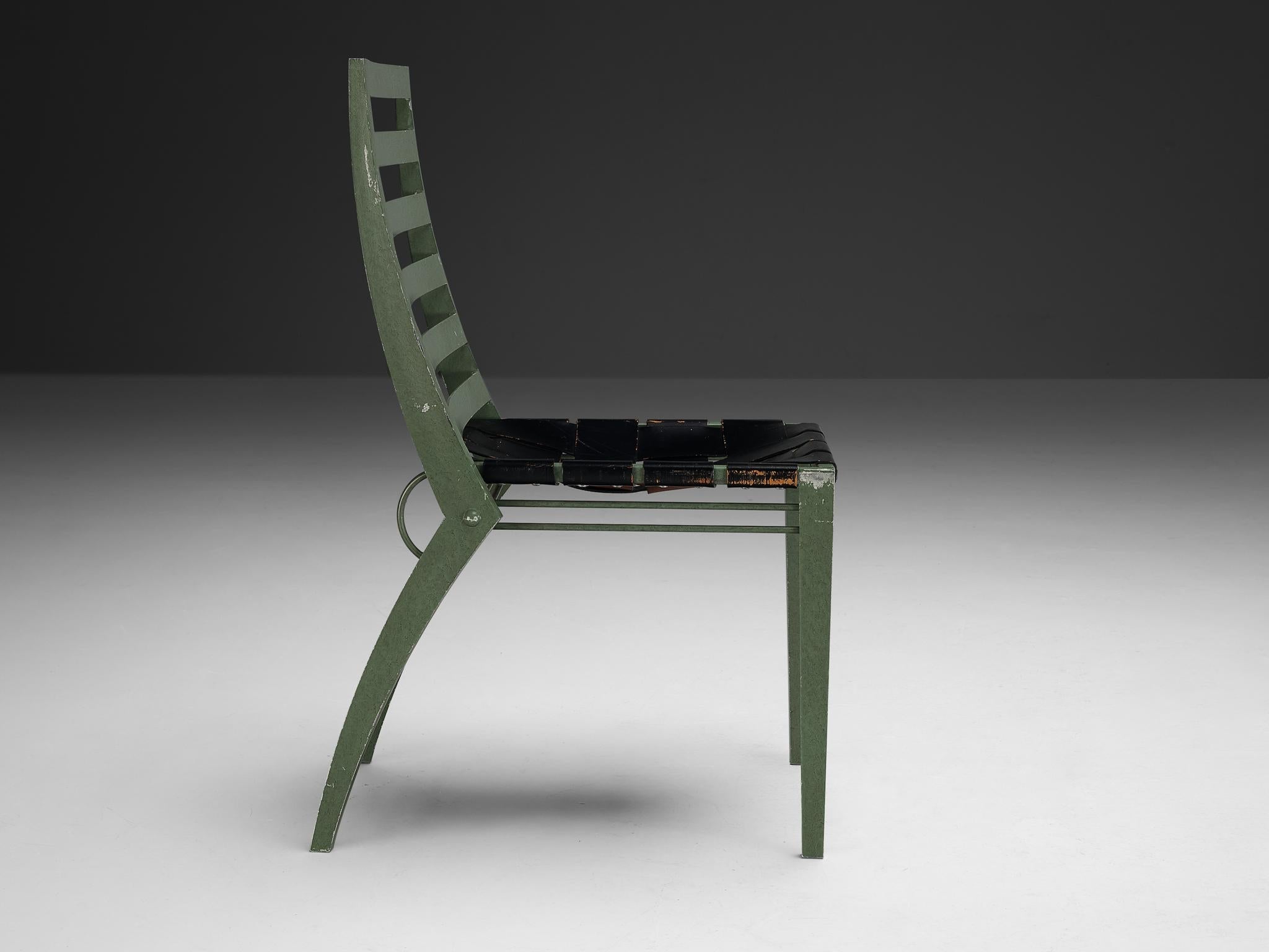 Art Deco Inspired Set of Twelve Dining Chairs in Green Metal Black Leather seating Morentz