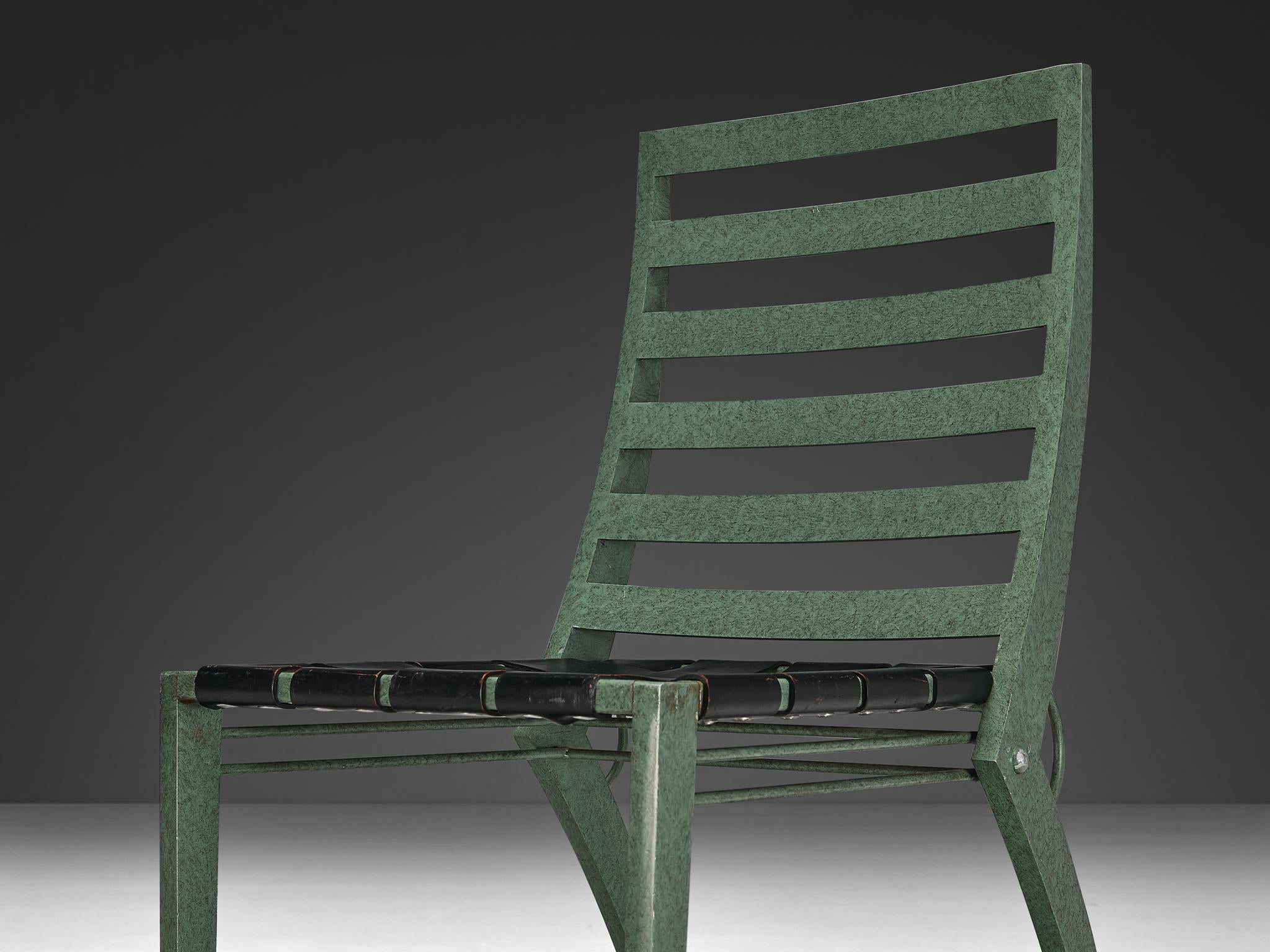 Art Deco Inspired Set of Twelve Dining Chairs in Green Metal Black Leather seating Morentz