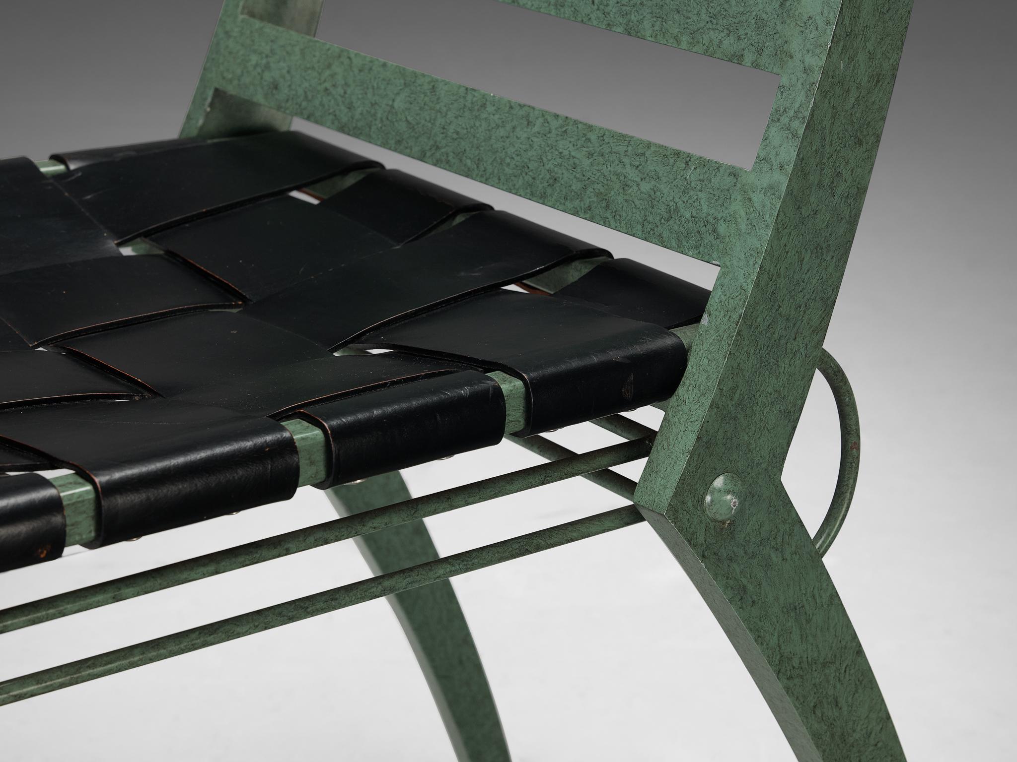 Art Deco Inspired Set of Twelve Dining Chairs in Green Metal Black Leather seating Morentz