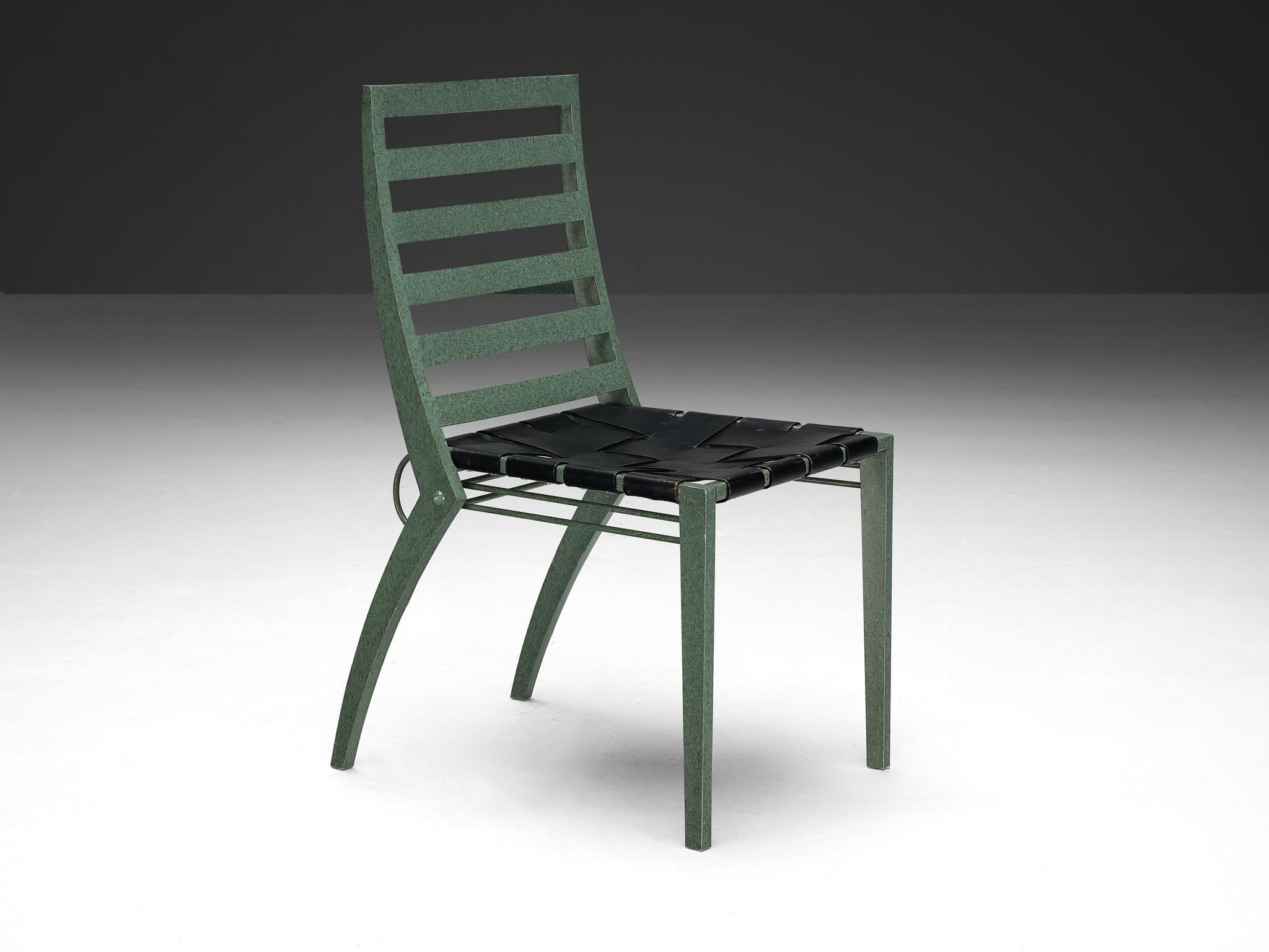 Art Deco Inspired Set of Twelve Dining Chairs in Green Metal Black Leather seating Morentz