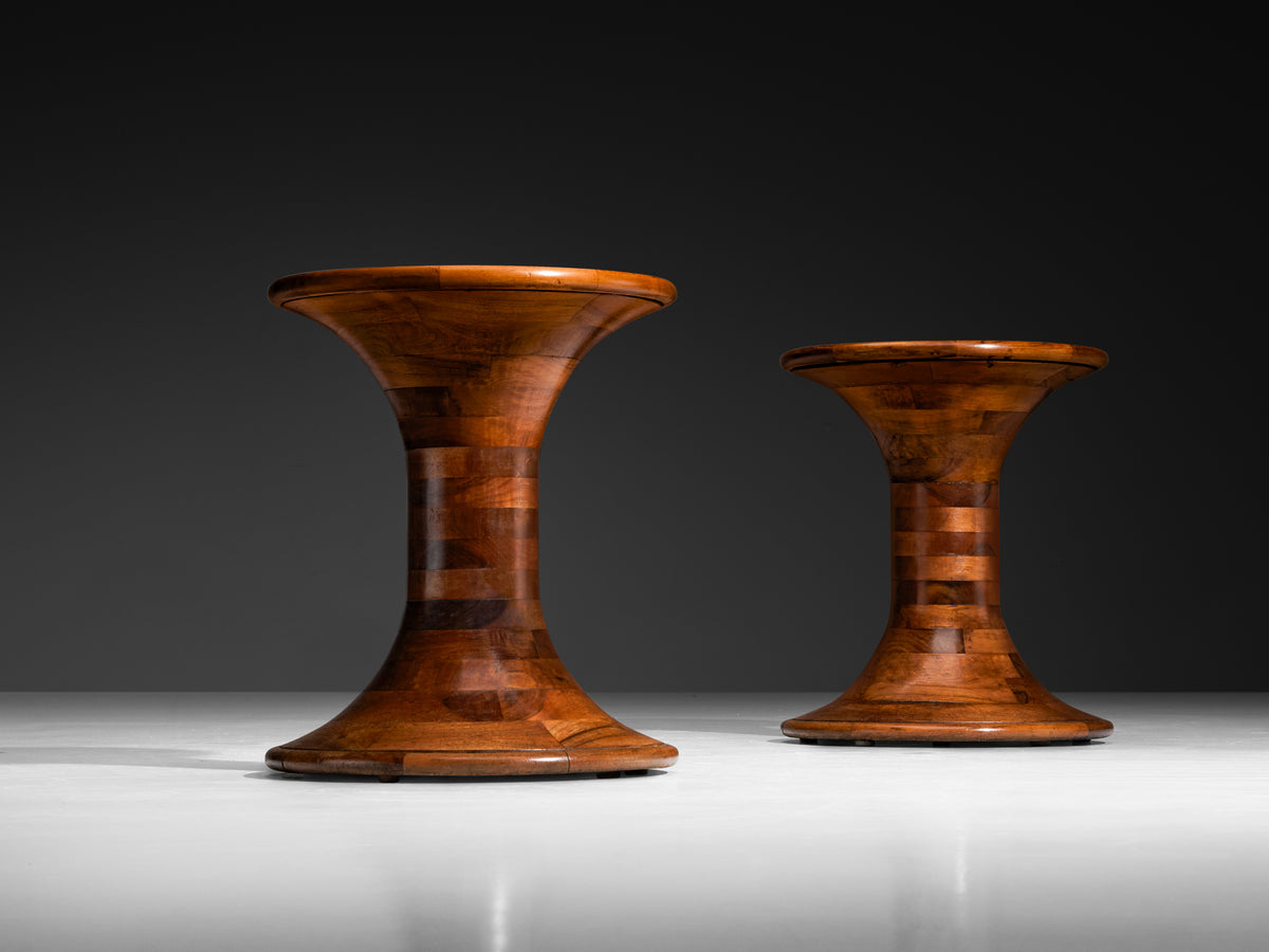 Pair of Sculptural Side Tables in Caramel Colored Walnut Wood Tables Morentz