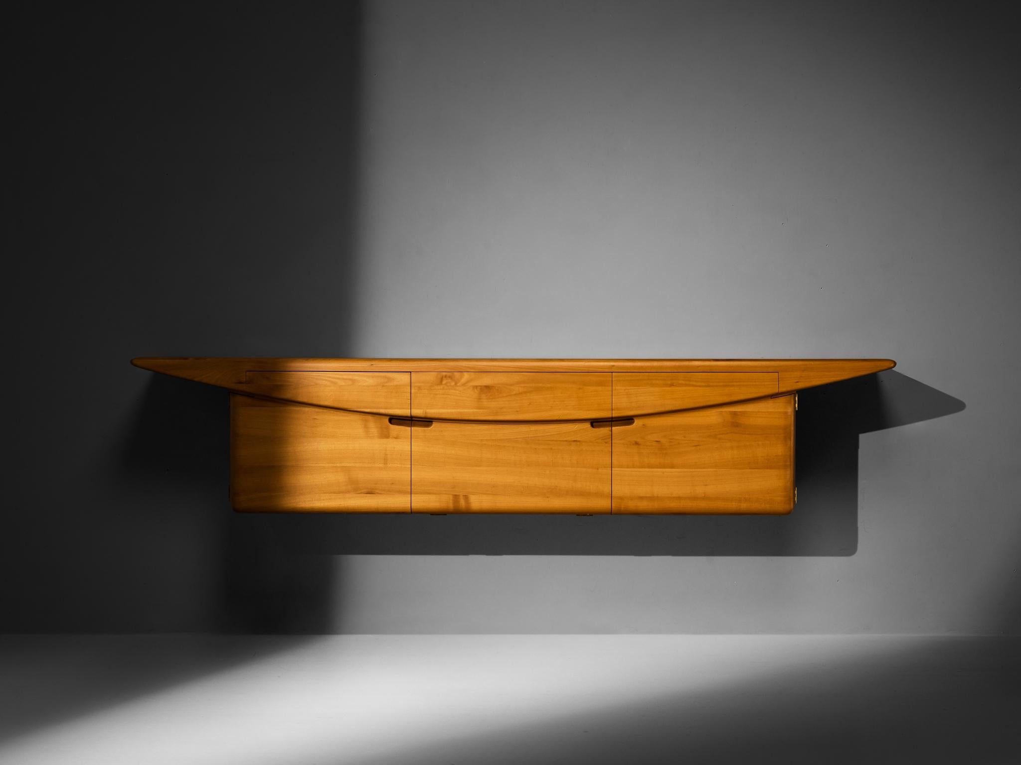 Mid-Century Inspired Sculptural Wall Mounted Sideboard in Solid Elm & Brass case pieces and storage cabinets Morentz