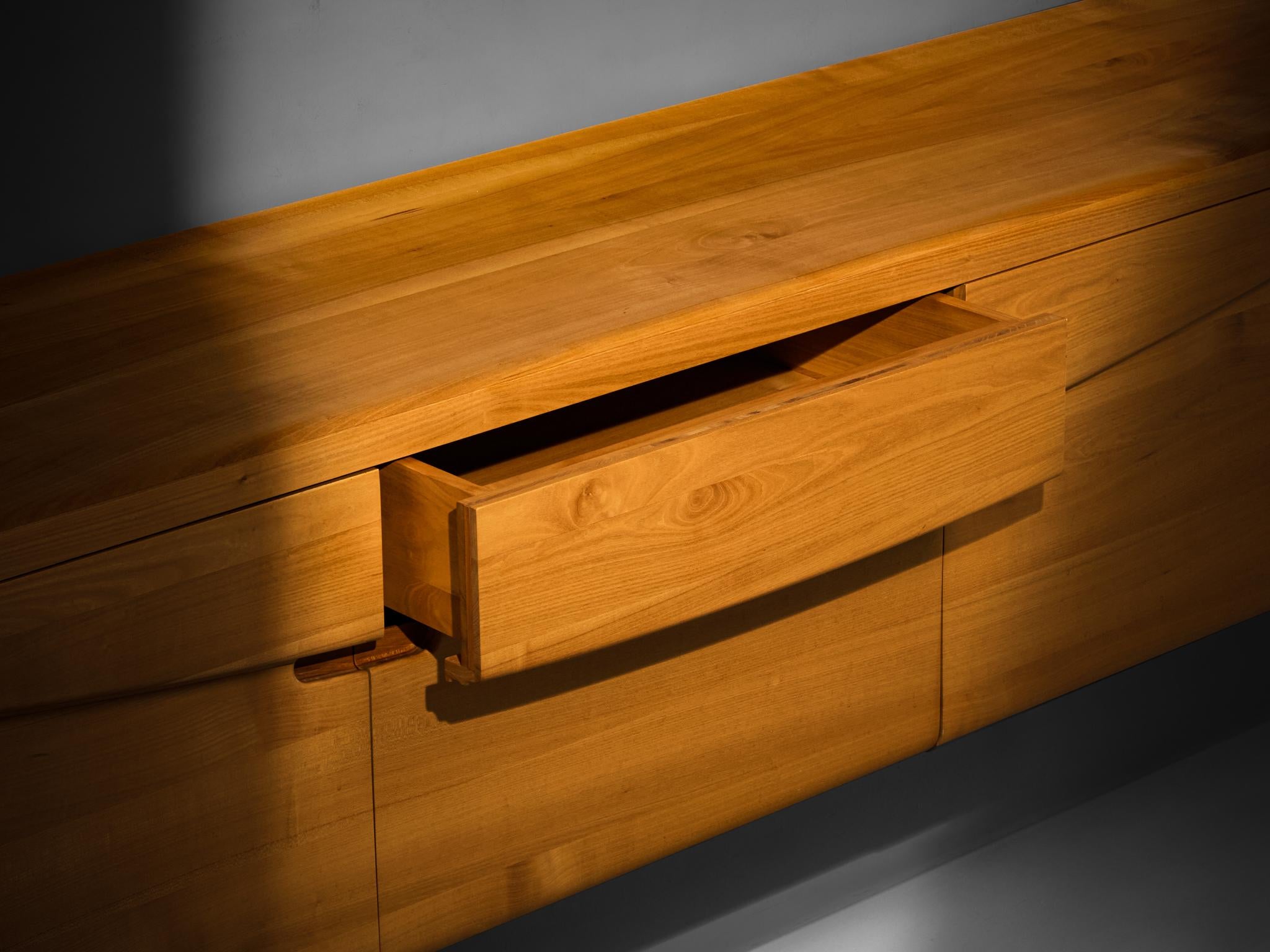 Mid-Century Inspired Sculptural Wall Mounted Sideboard in Solid Elm & Brass case pieces and storage cabinets Morentz