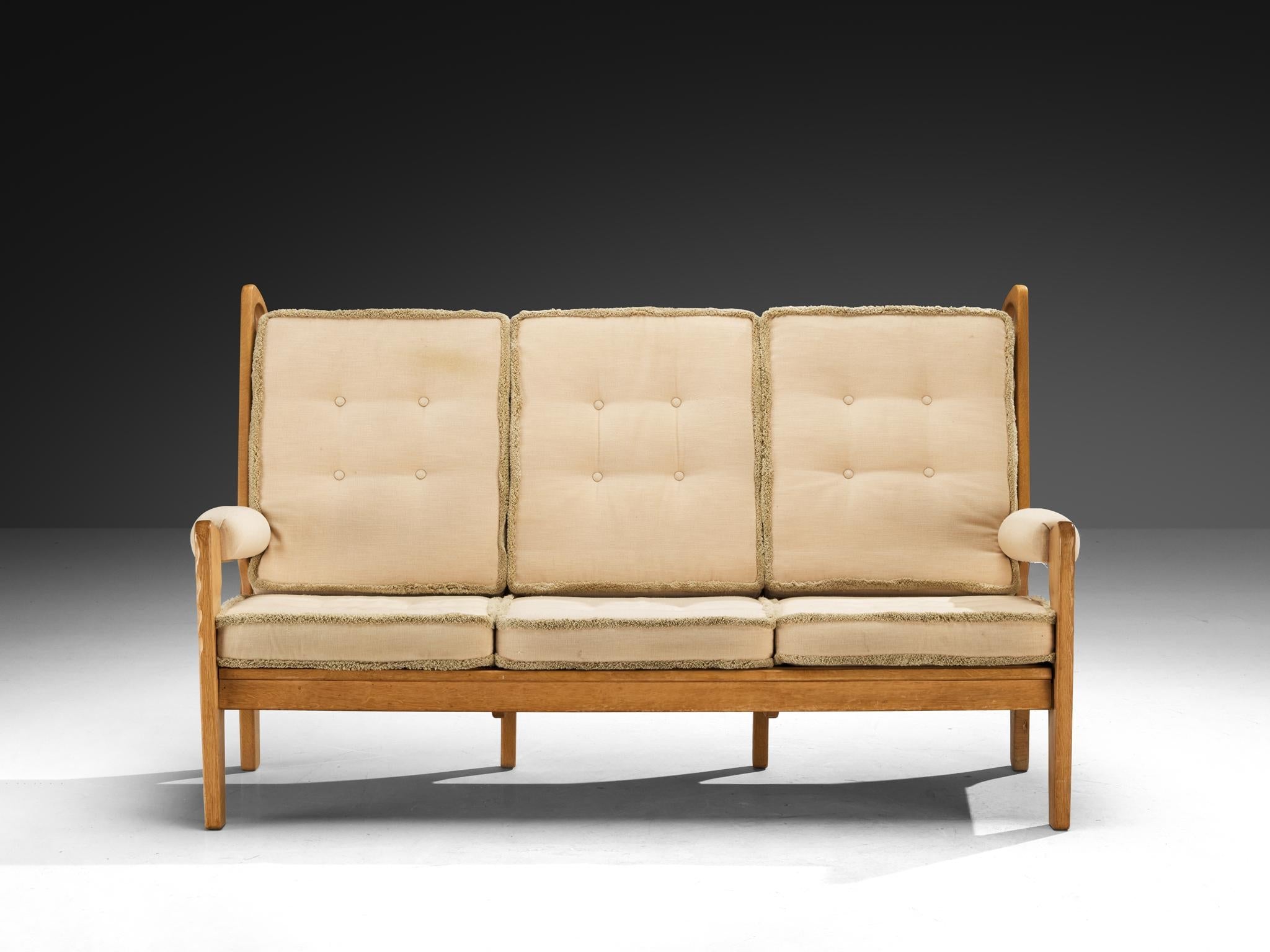 Eccentric Sofa with Geometric Carvings in Solid Oak and Light Beige Fabric seating Morentz