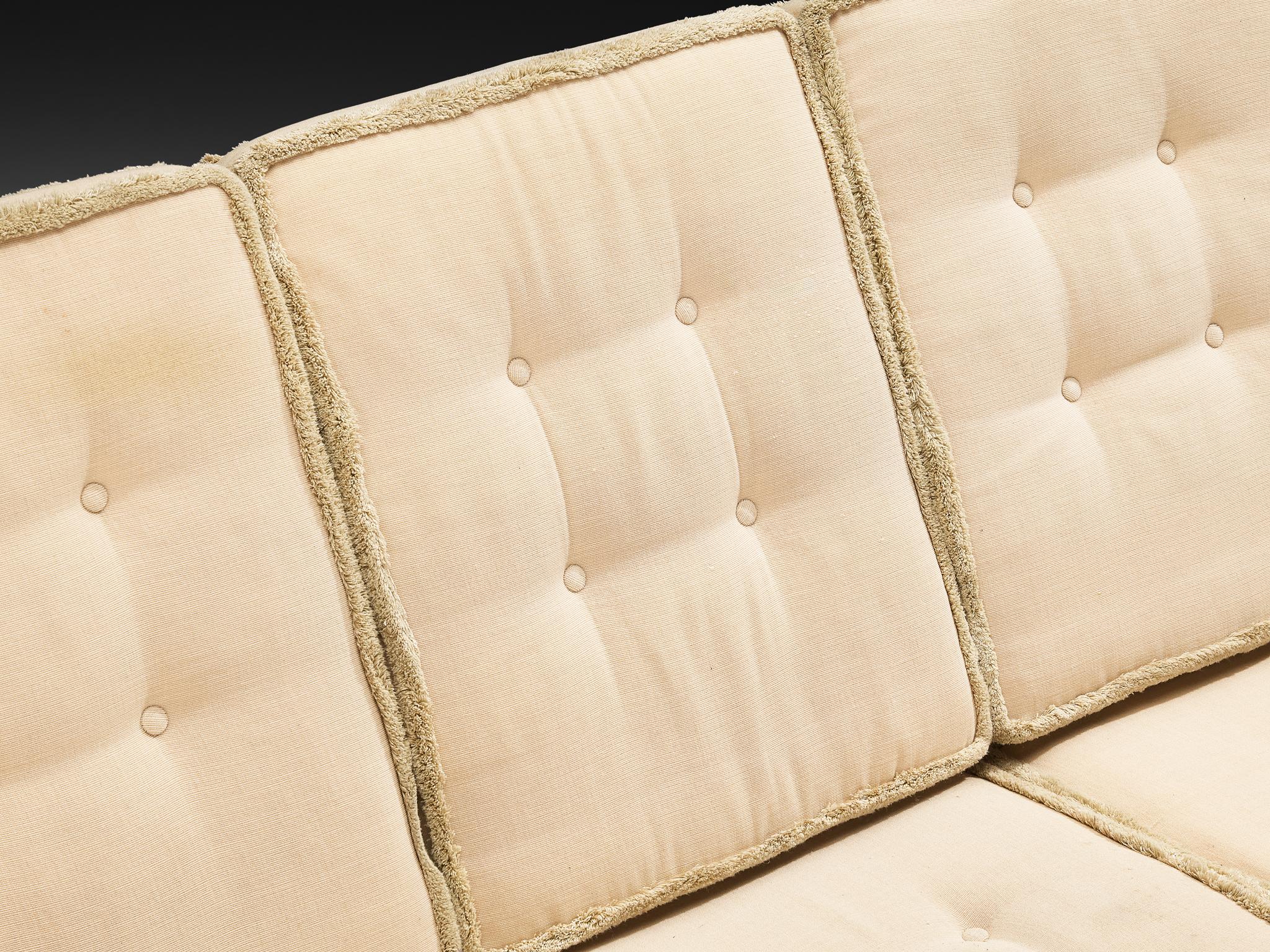 Eccentric Sofa with Geometric Carvings in Solid Oak and Light Beige Fabric seating Morentz