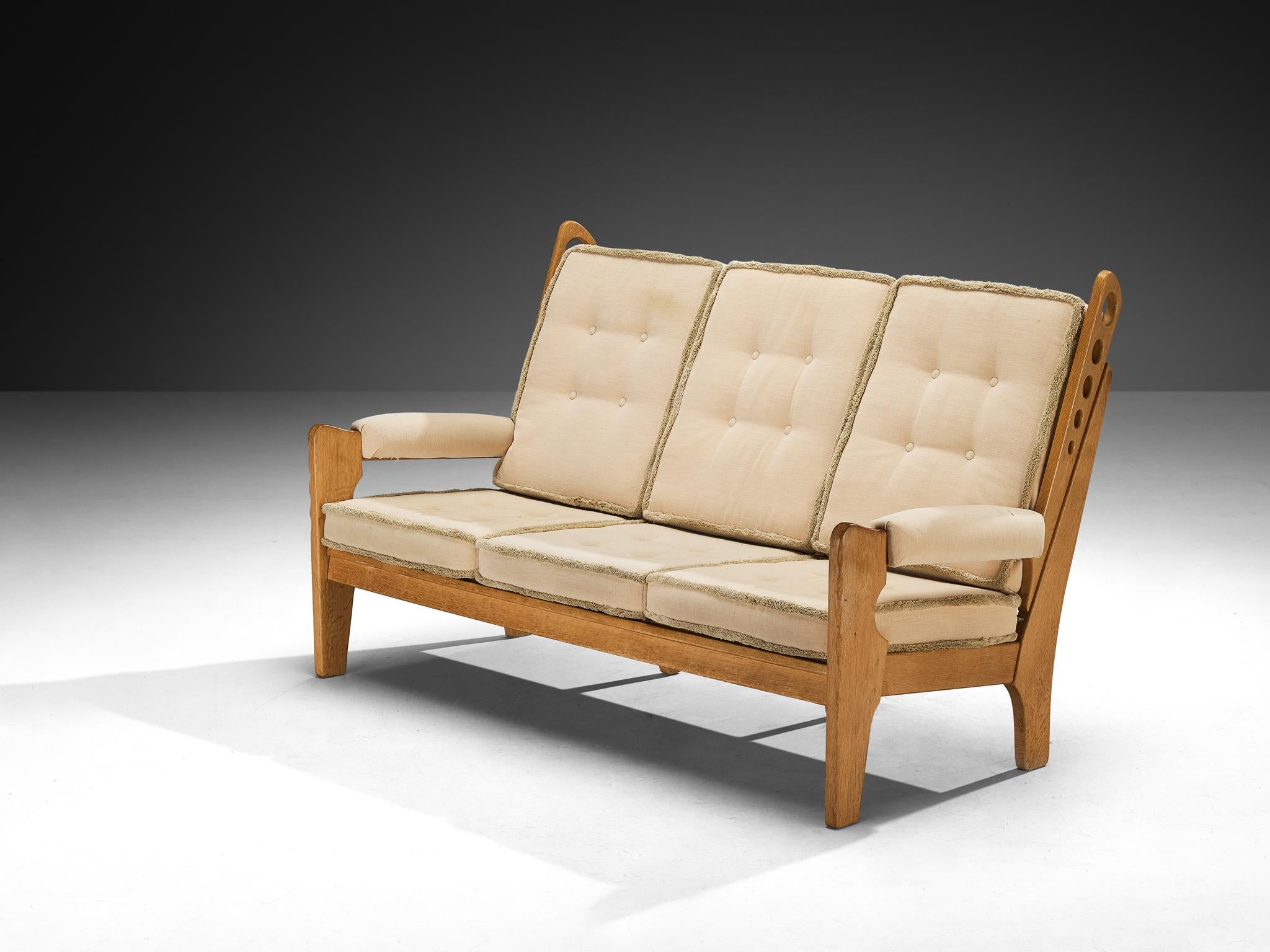 Eccentric Sofa with Geometric Carvings in Solid Oak and Light Beige Fabric seating Morentz
