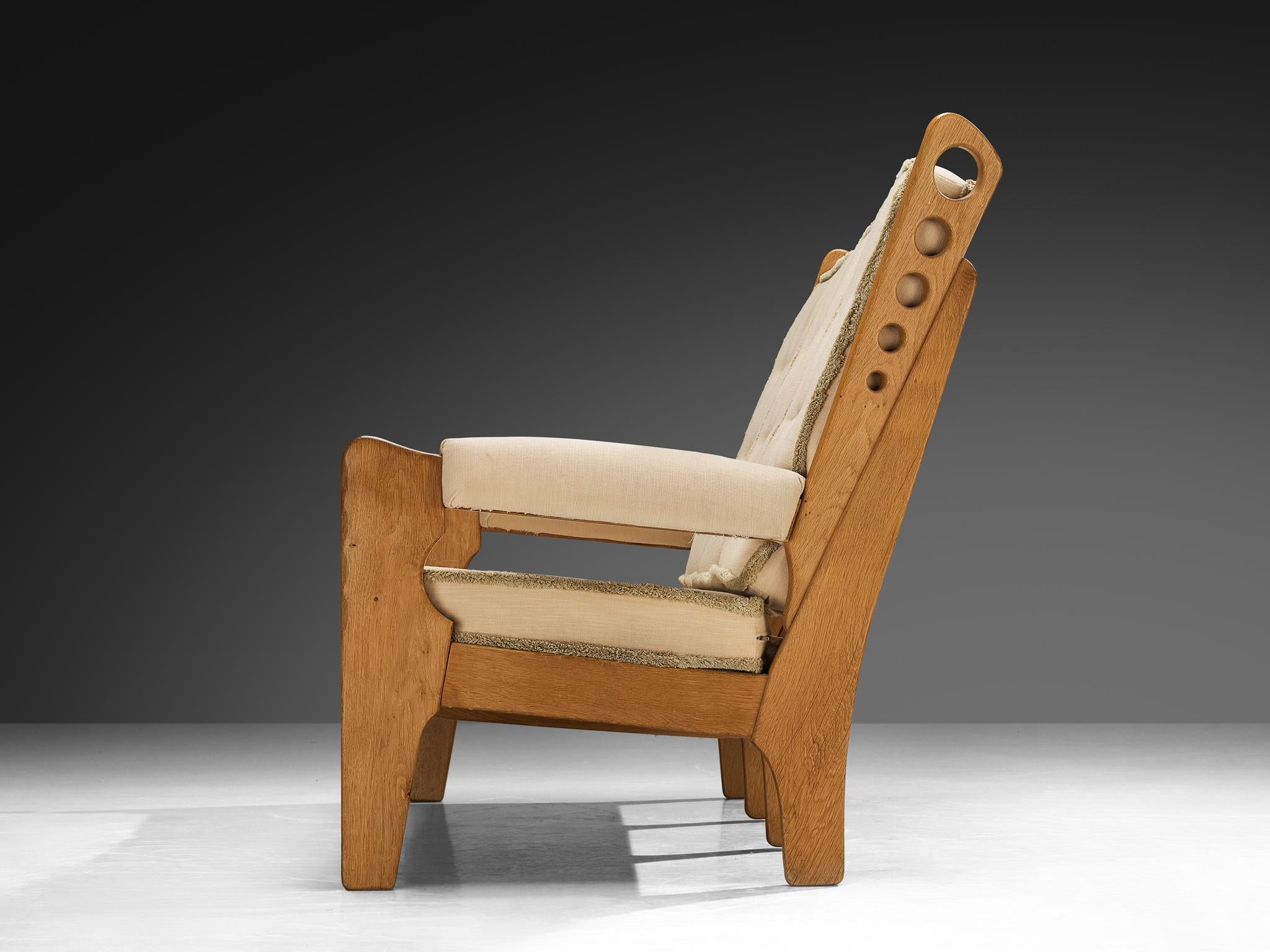 Eccentric Sofa with Geometric Carvings in Solid Oak and Light Beige Fabric seating Morentz