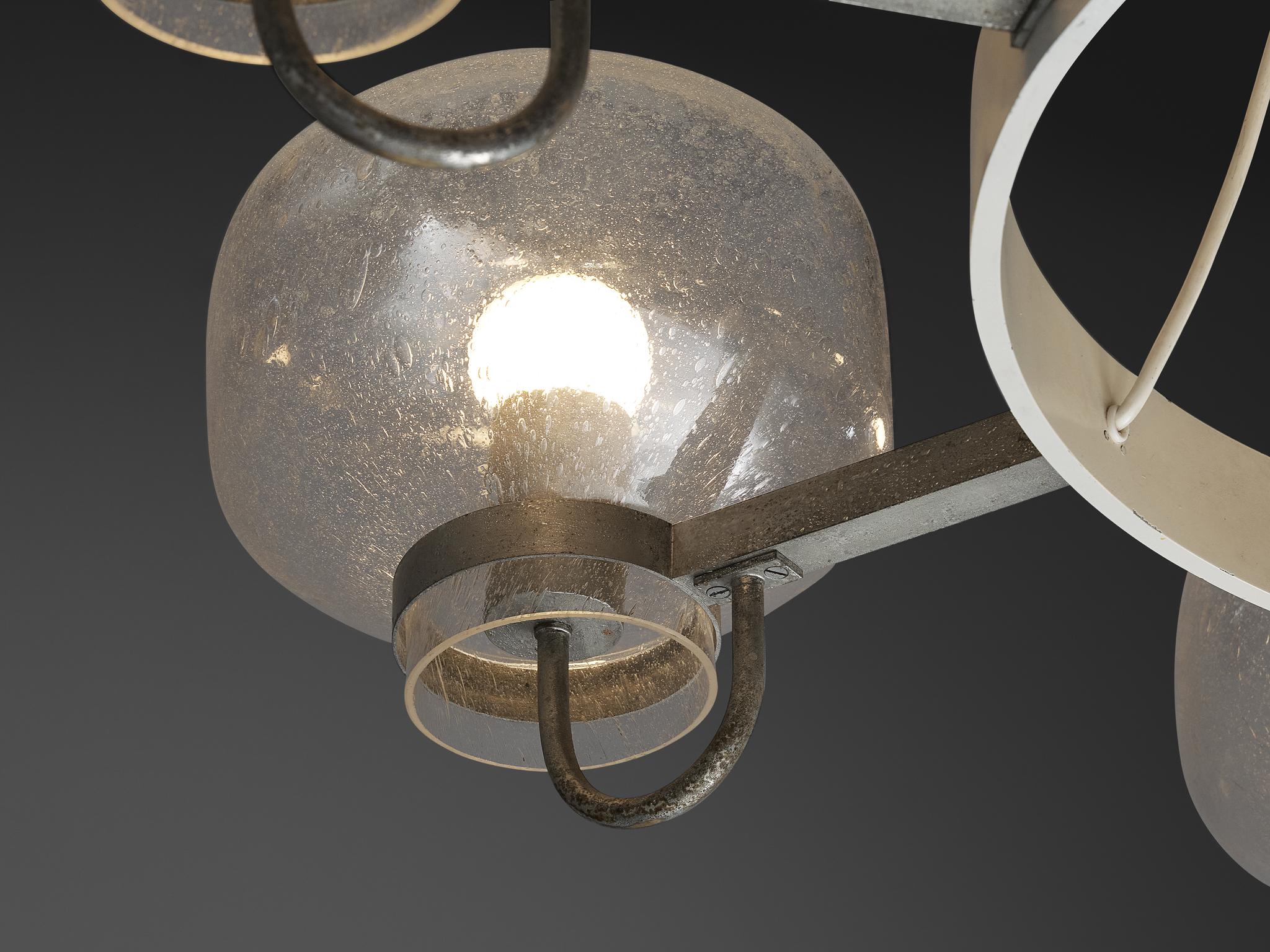 1970s Chandelier in Silver-Colored Metal & Blown Glass lighting Morentz