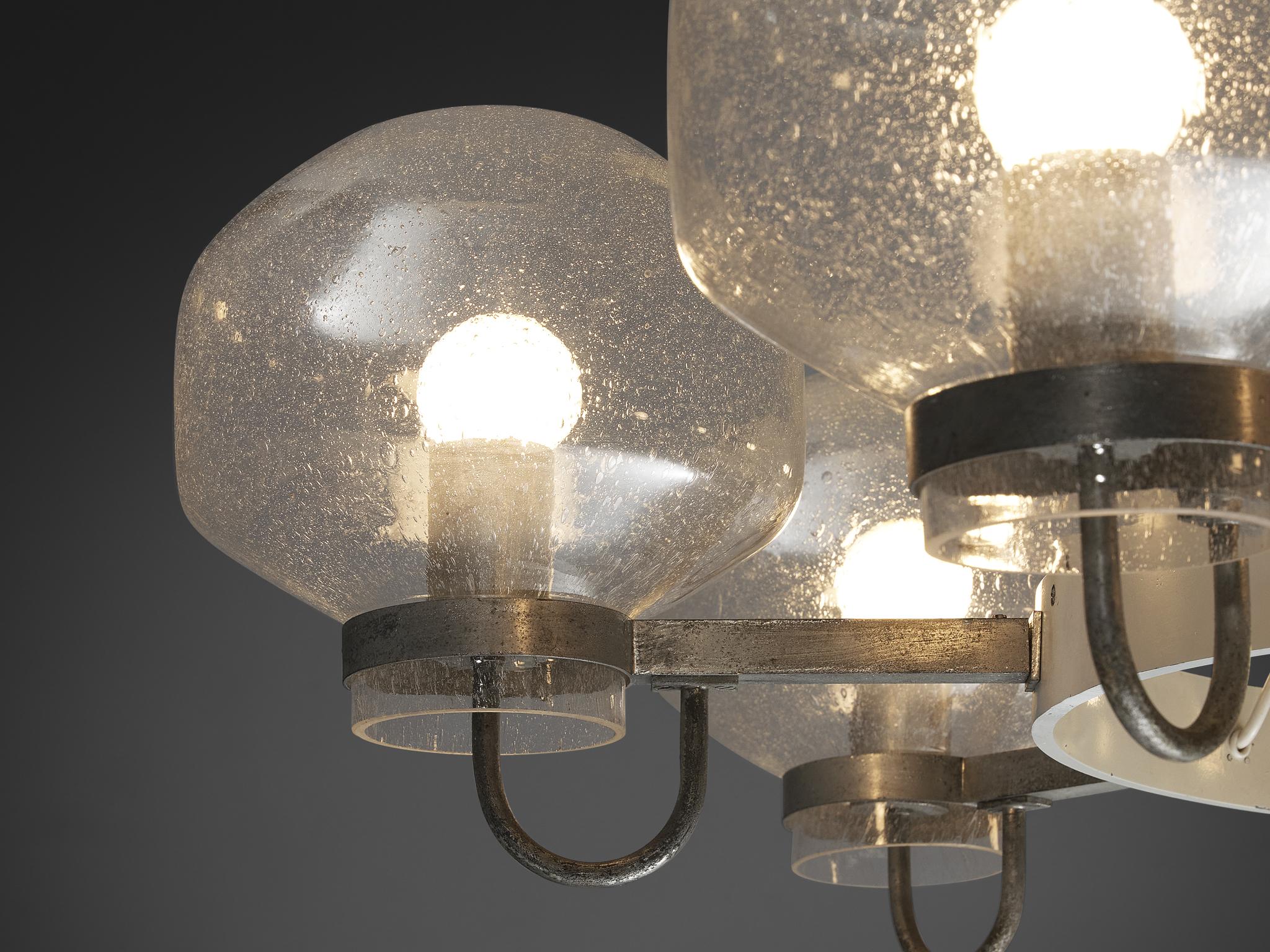 1970s Chandelier in Silver-Colored Metal & Blown Glass lighting Morentz