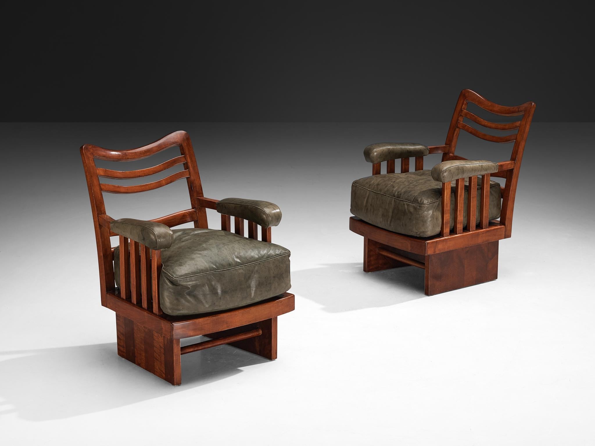 Ernesto Valabrega Pair of Lounge Chairs in Olive Green Leather and Mahogany seating Morentz