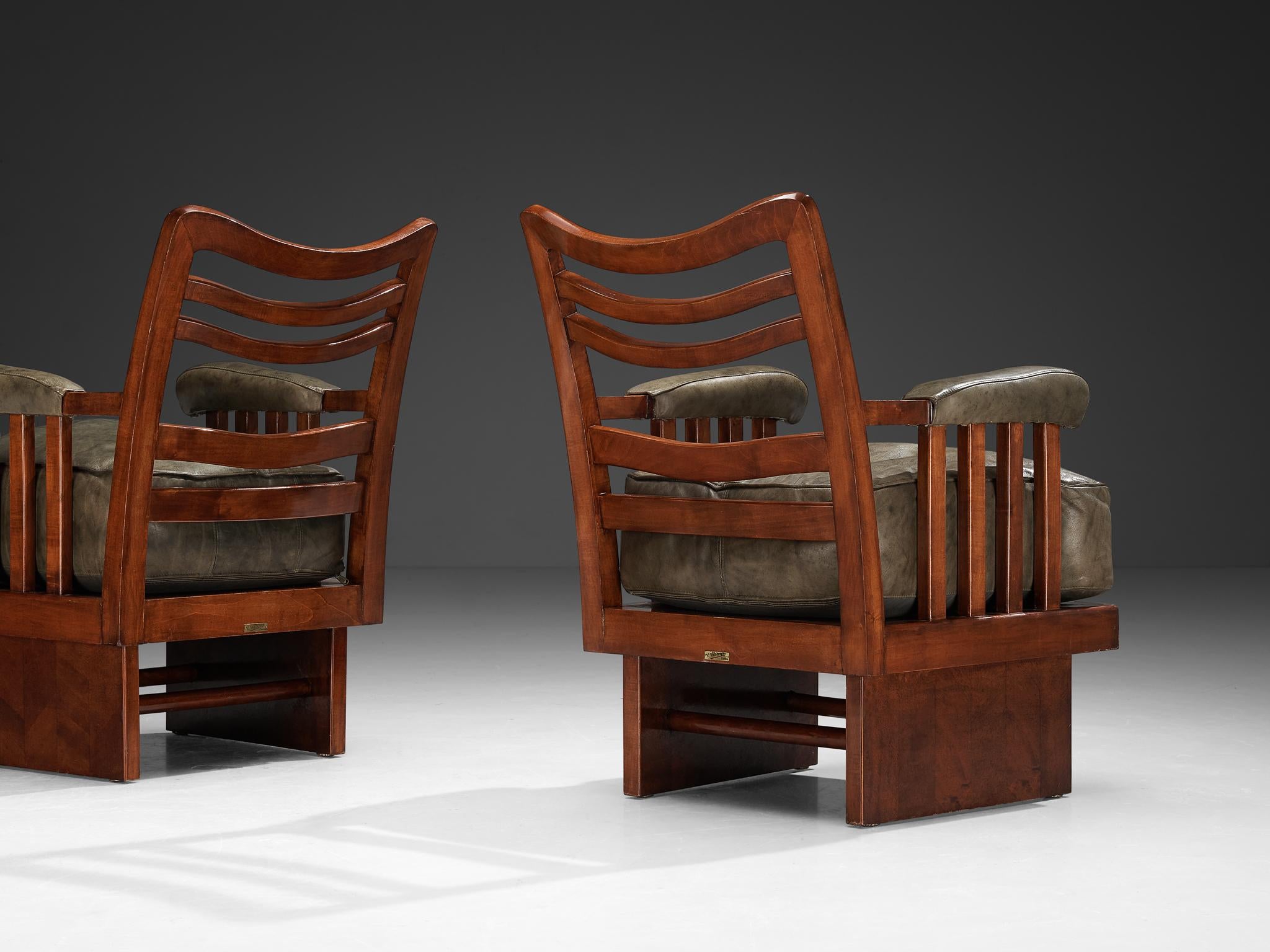 Ernesto Valabrega Pair of Lounge Chairs in Olive Green Leather and Mahogany seating Morentz