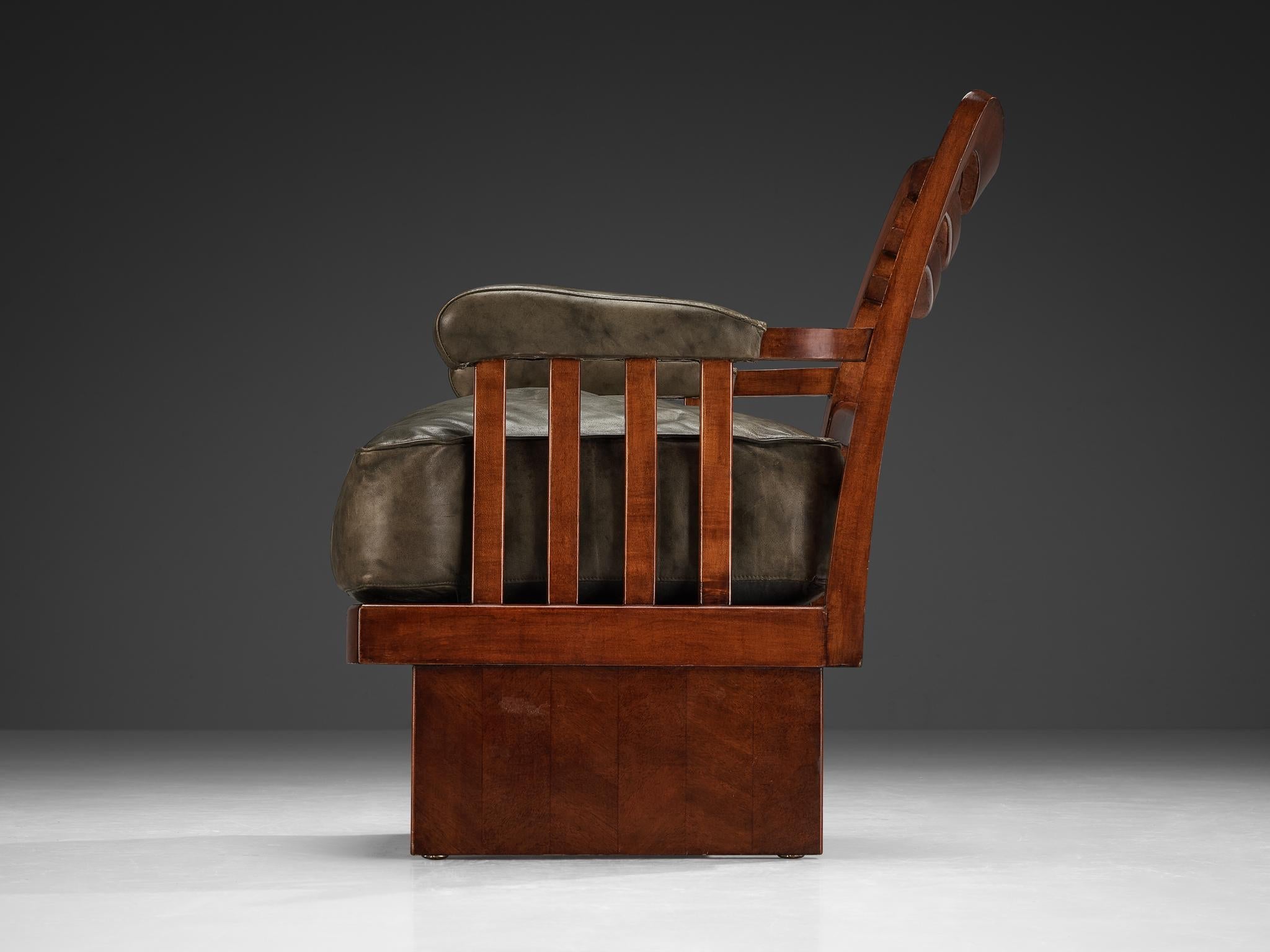 Ernesto Valabrega Pair of Lounge Chairs in Olive Green Leather and Mahogany seating Morentz