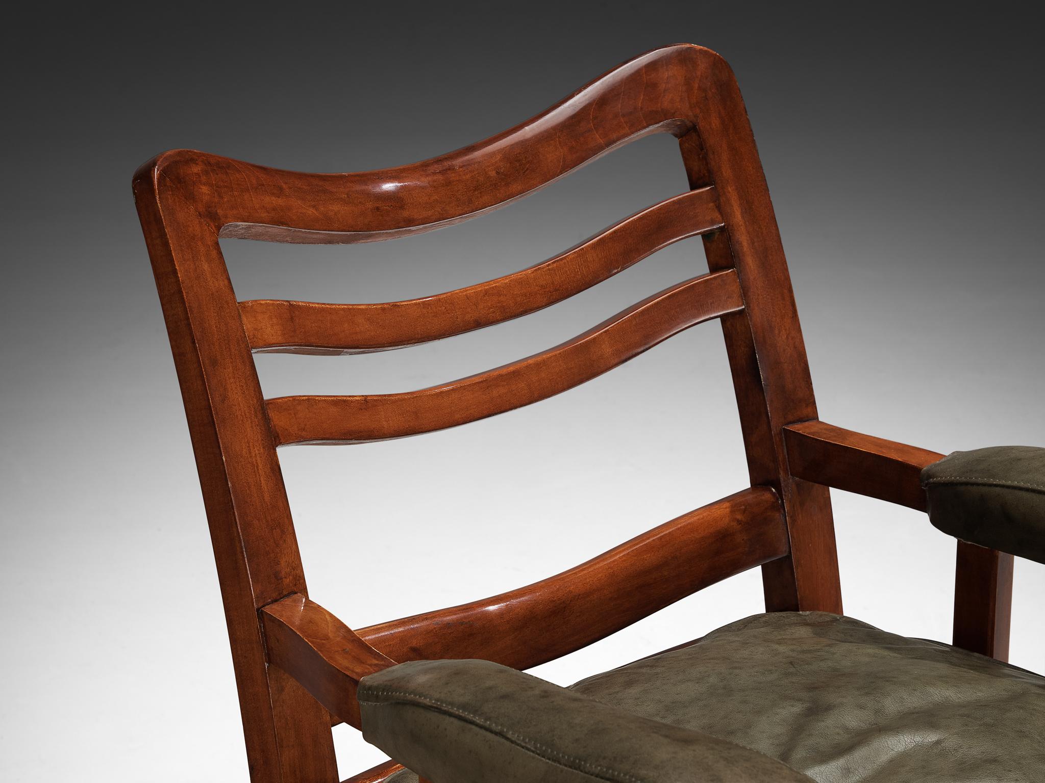 Ernesto Valabrega Pair of Lounge Chairs in Olive Green Leather and Mahogany seating Morentz