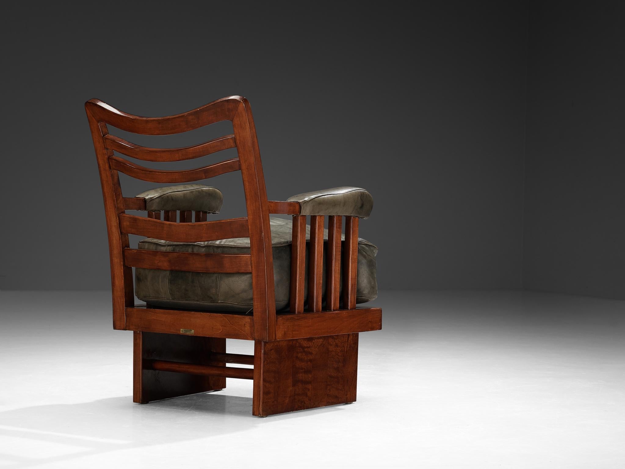 Ernesto Valabrega Pair of Lounge Chairs in Olive Green Leather and Mahogany seating Morentz