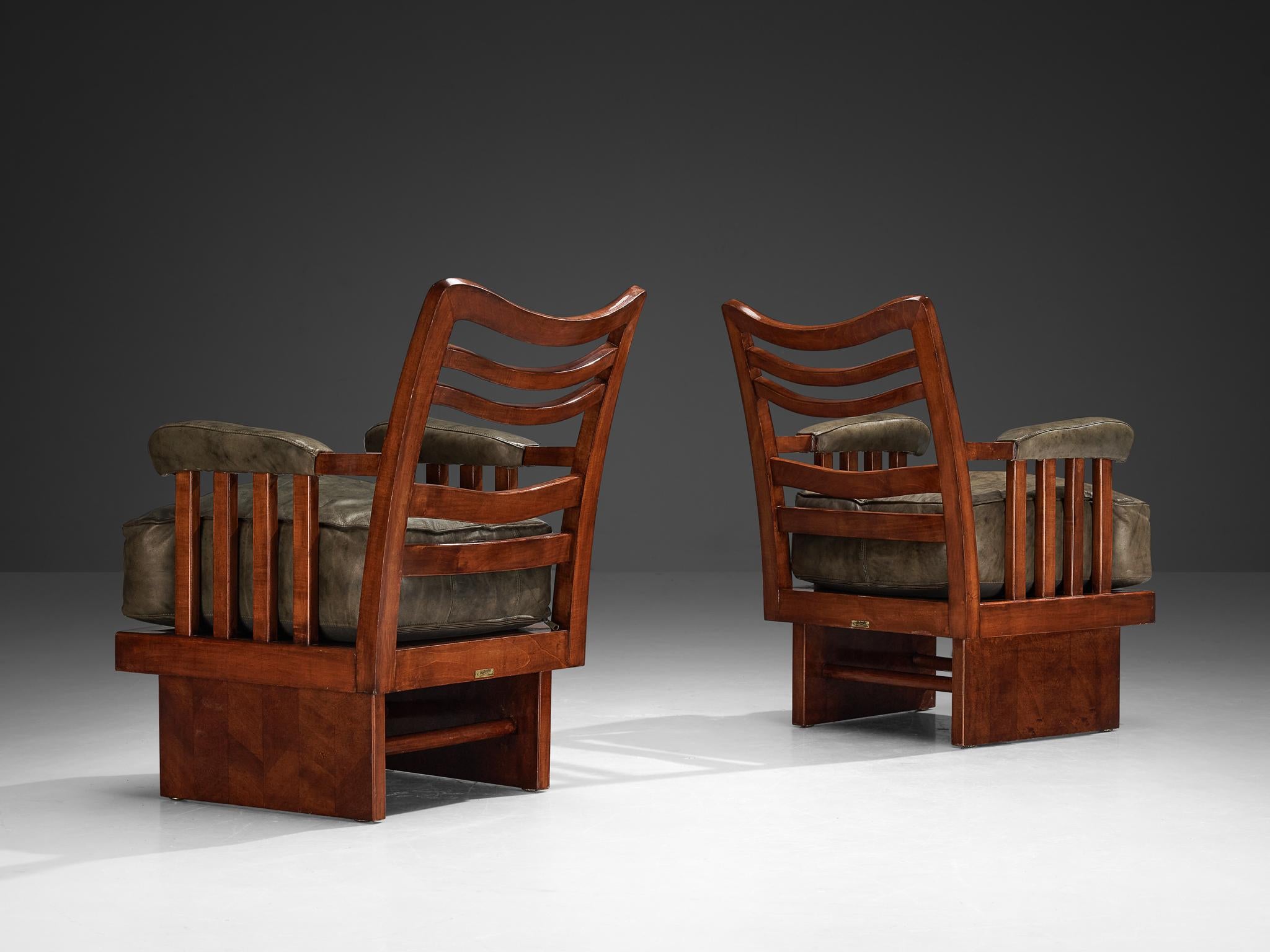 Ernesto Valabrega Pair of Lounge Chairs in Olive Green Leather and Mahogany seating Morentz