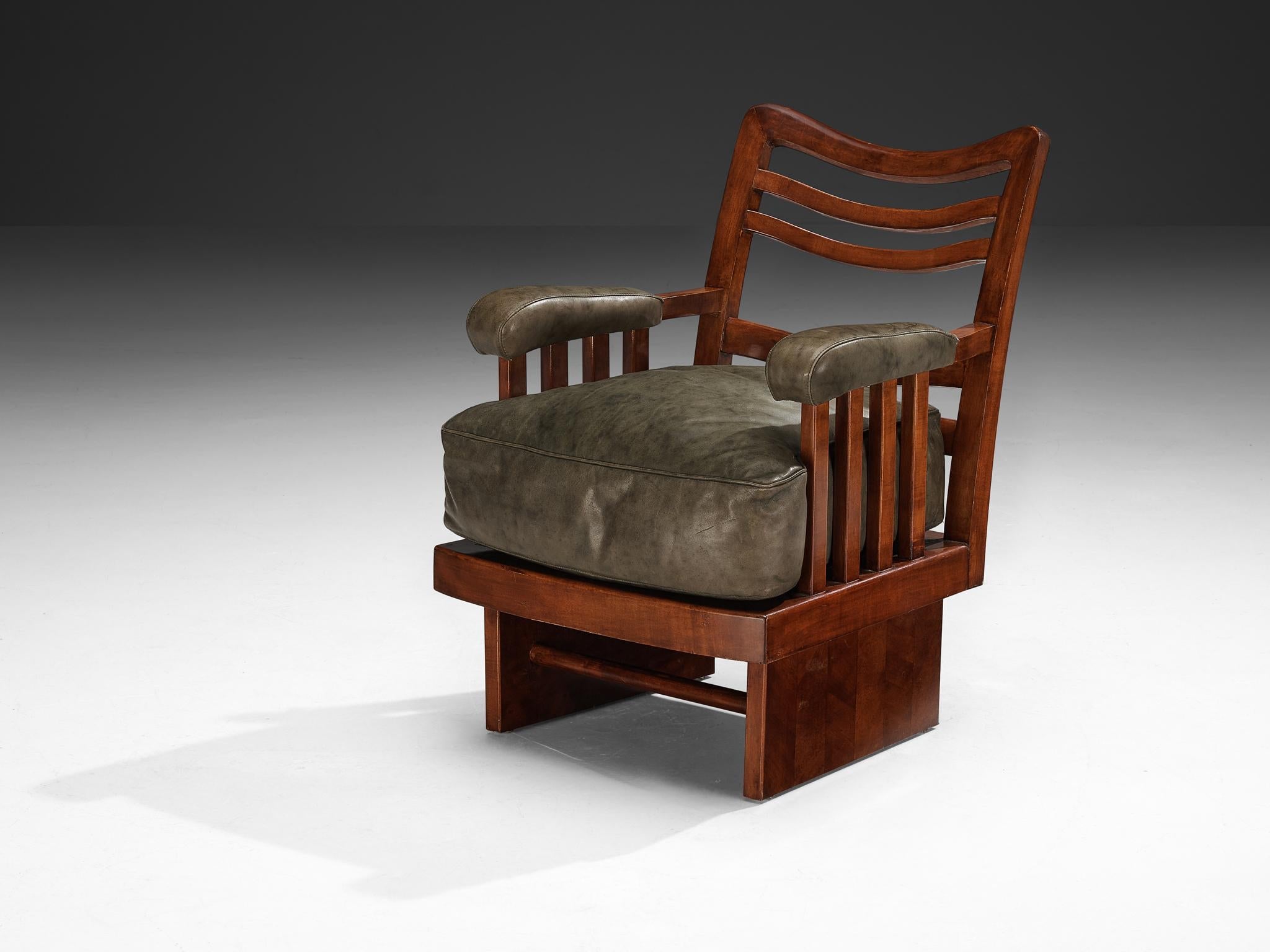 Ernesto Valabrega Pair of Lounge Chairs in Olive Green Leather and Mahogany seating Morentz