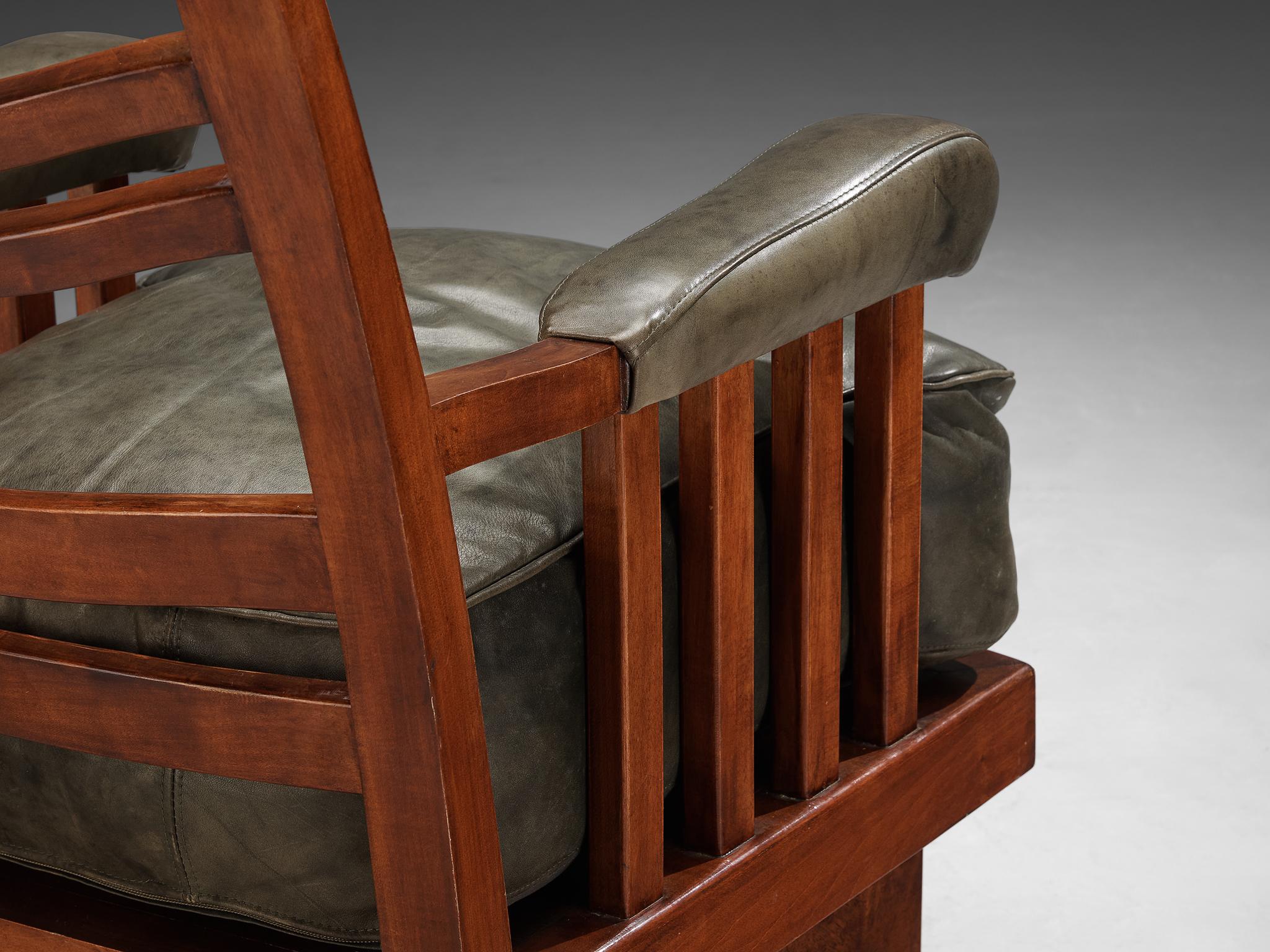 Ernesto Valabrega Pair of Lounge Chairs in Olive Green Leather and Mahogany seating Morentz