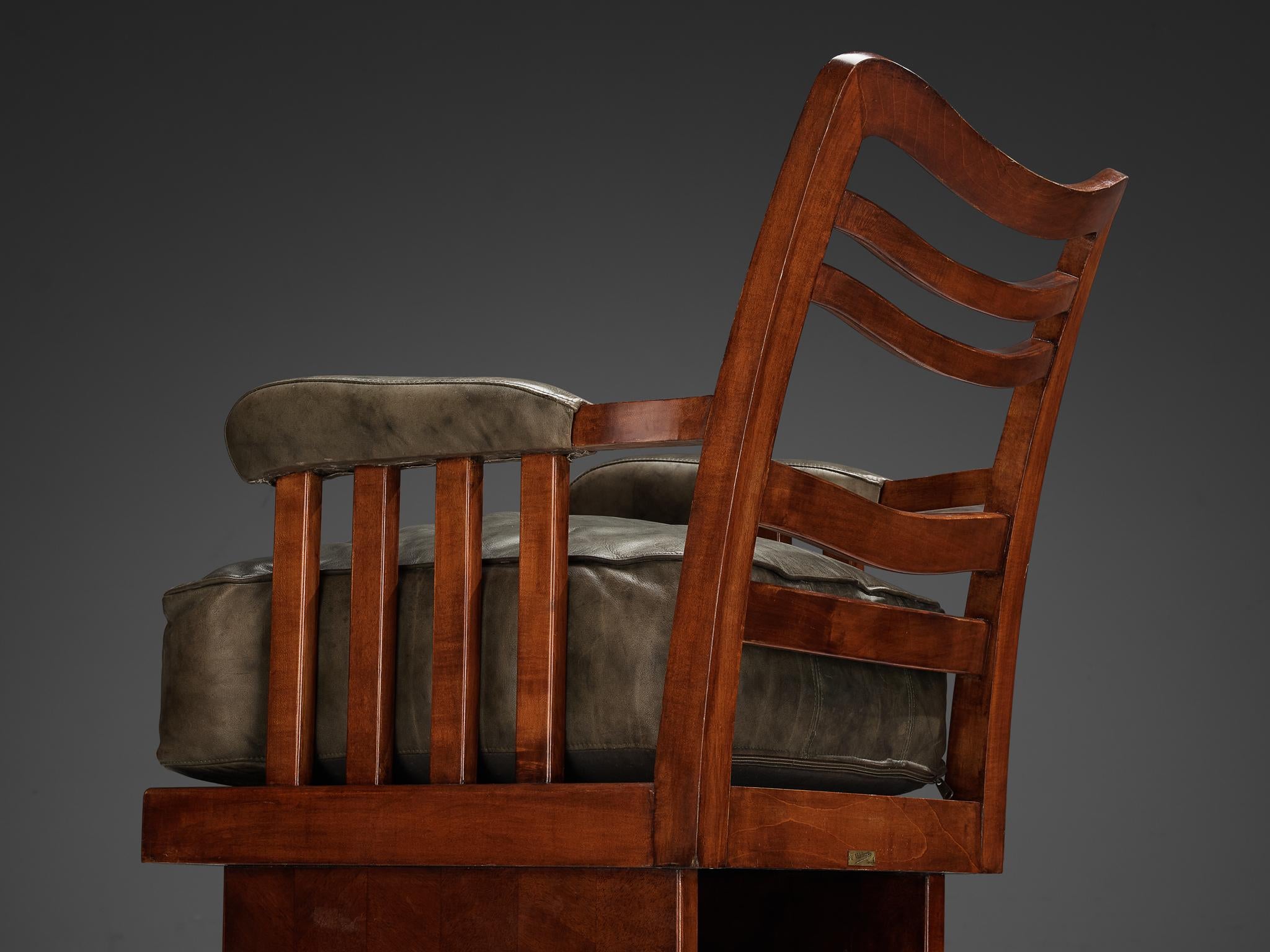 Ernesto Valabrega Pair of Lounge Chairs in Olive Green Leather and Mahogany seating Morentz