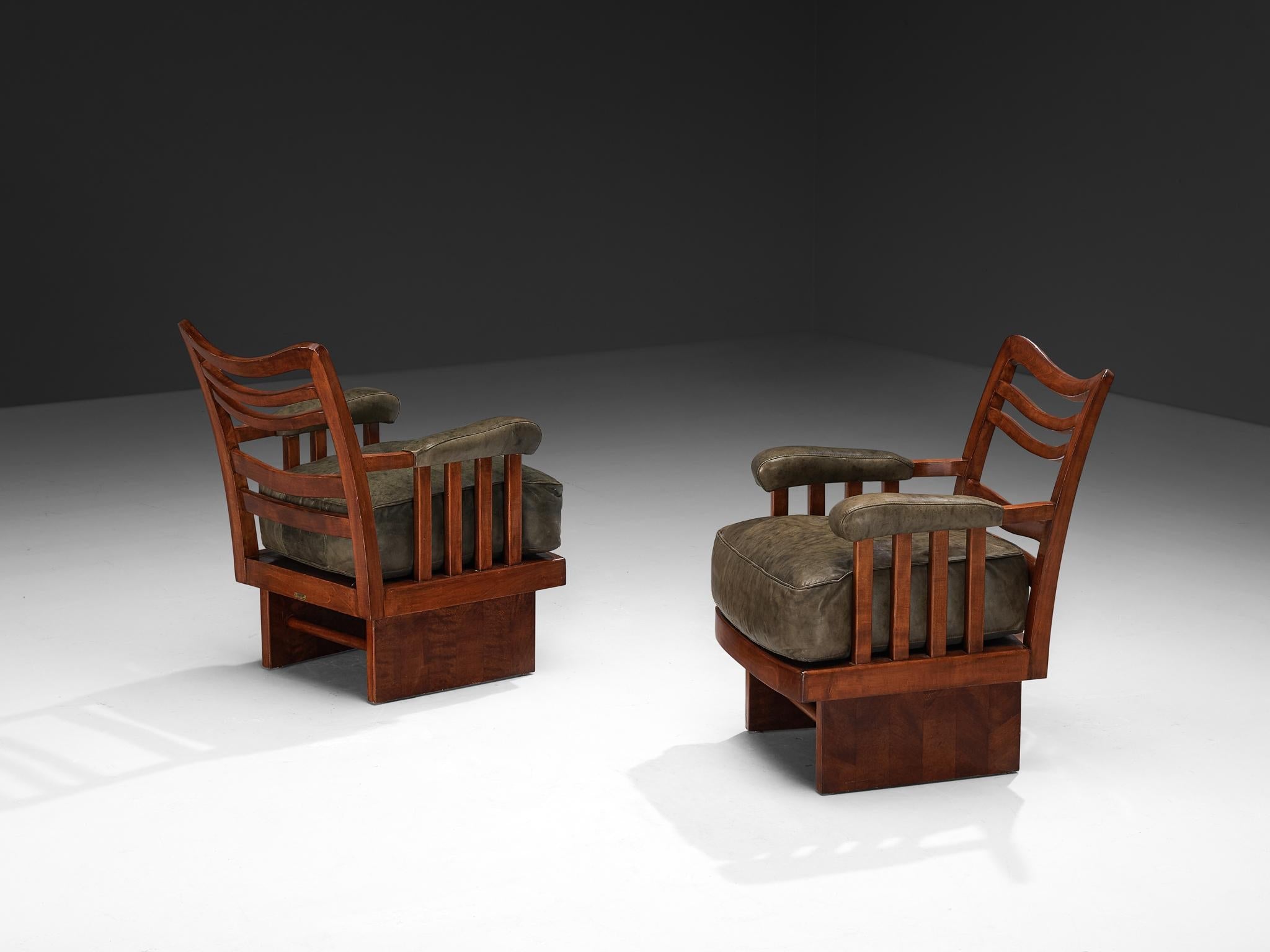 Ernesto Valabrega Pair of Lounge Chairs in Olive Green Leather and Mahogany seating Morentz