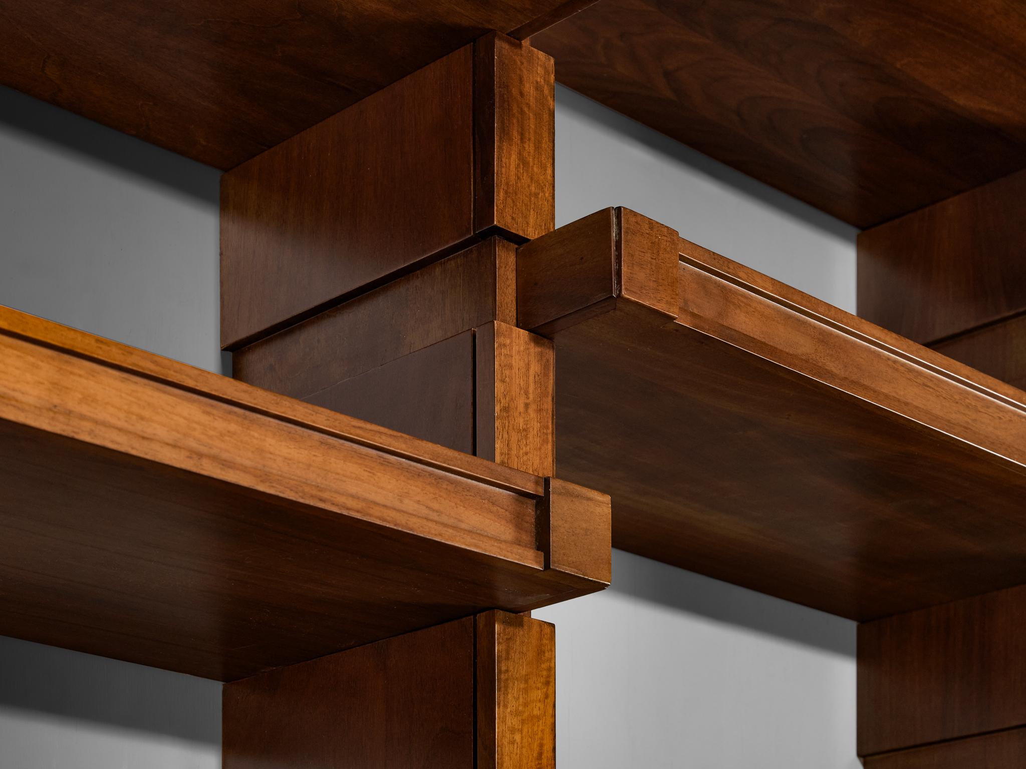 Italian Mid-Century Modern Large Architectural Library in Walnut case pieces and storage cabinets Morentz