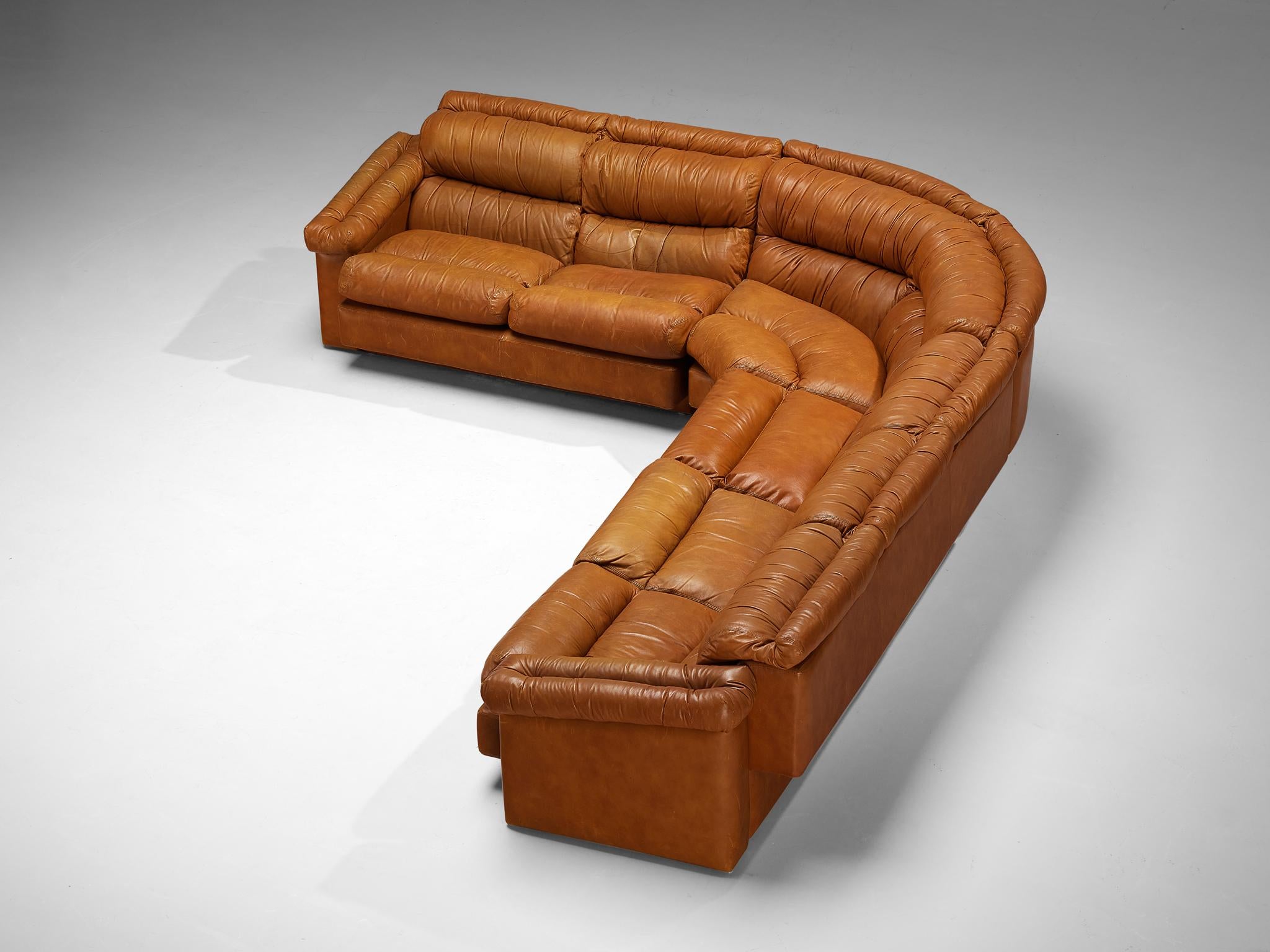 Italian Post-Modern Sectional Corner Sofa in Cognac Brown Leather seating Morentz