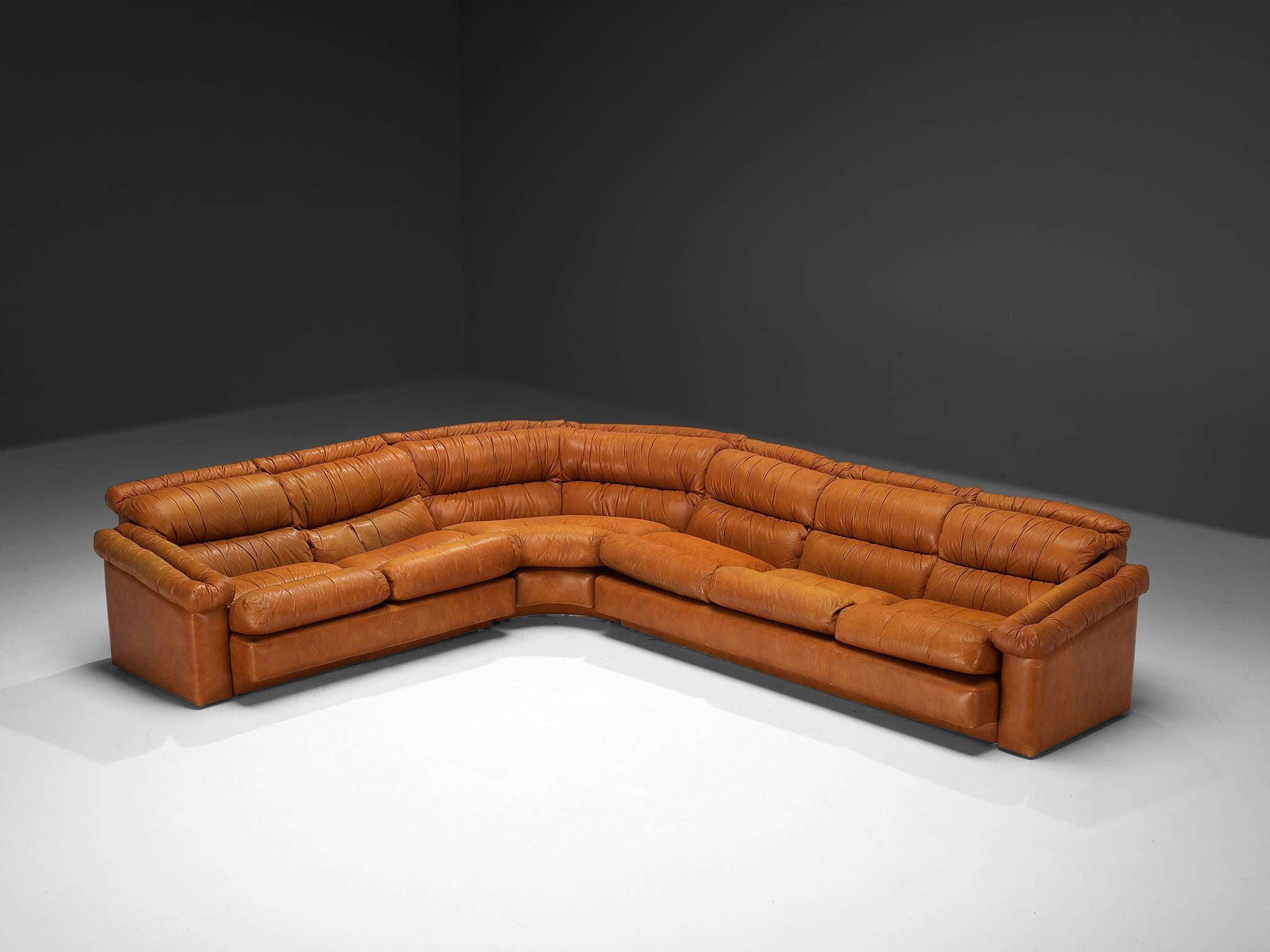Italian Post-Modern Sectional Corner Sofa in Cognac Brown Leather seating Morentz