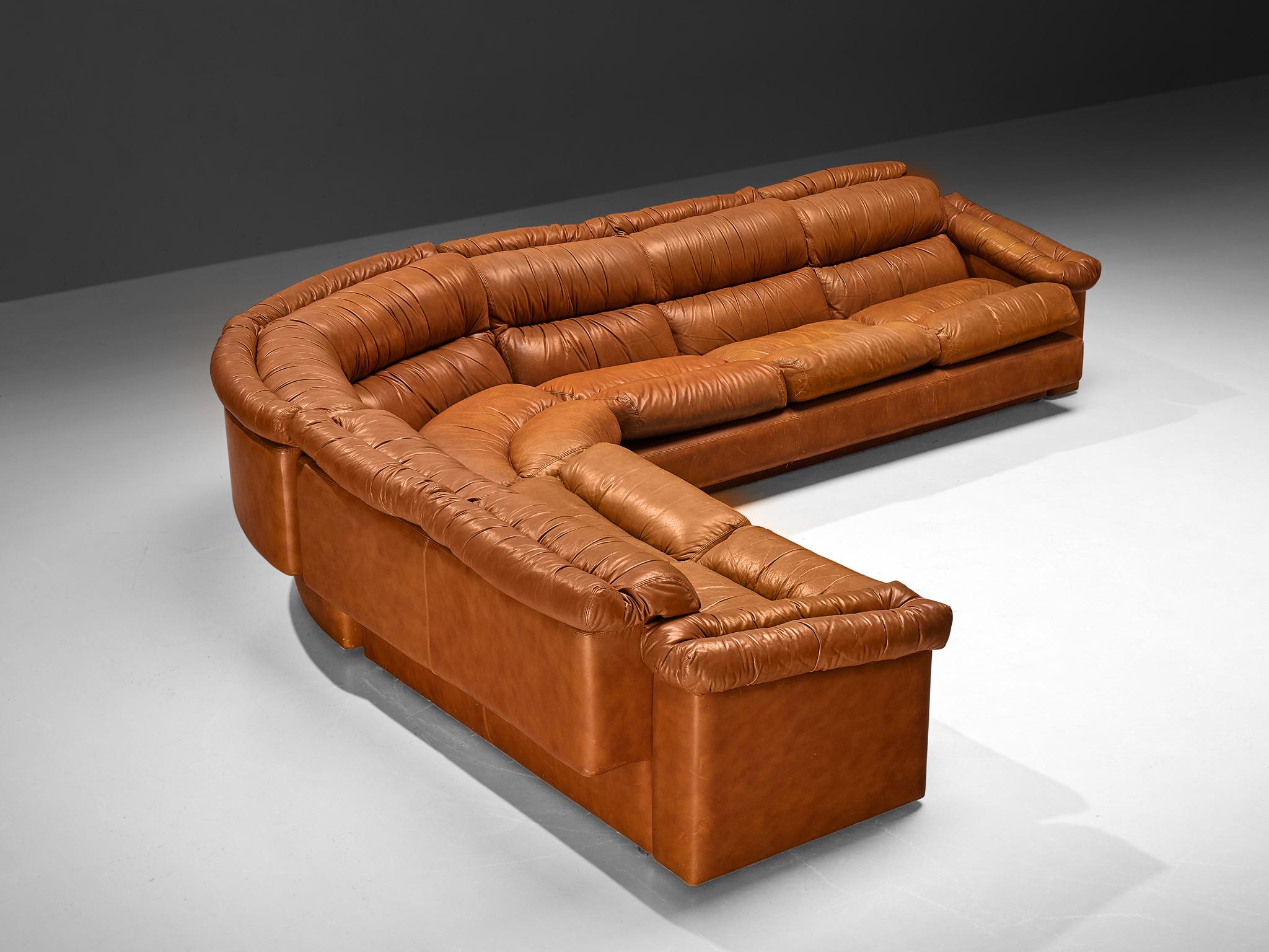 Italian Post-Modern Sectional Corner Sofa in Cognac Brown Leather seating Morentz