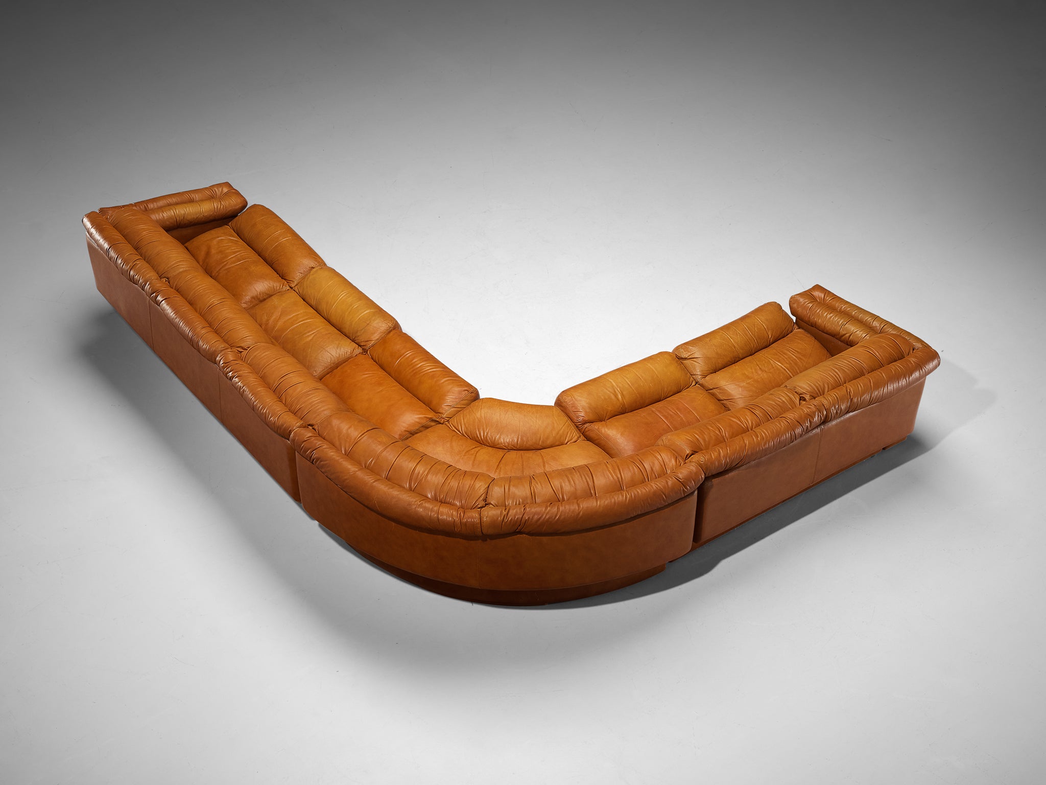 Italian Post-Modern Sectional Corner Sofa in Cognac Brown Leather Seating Morentz