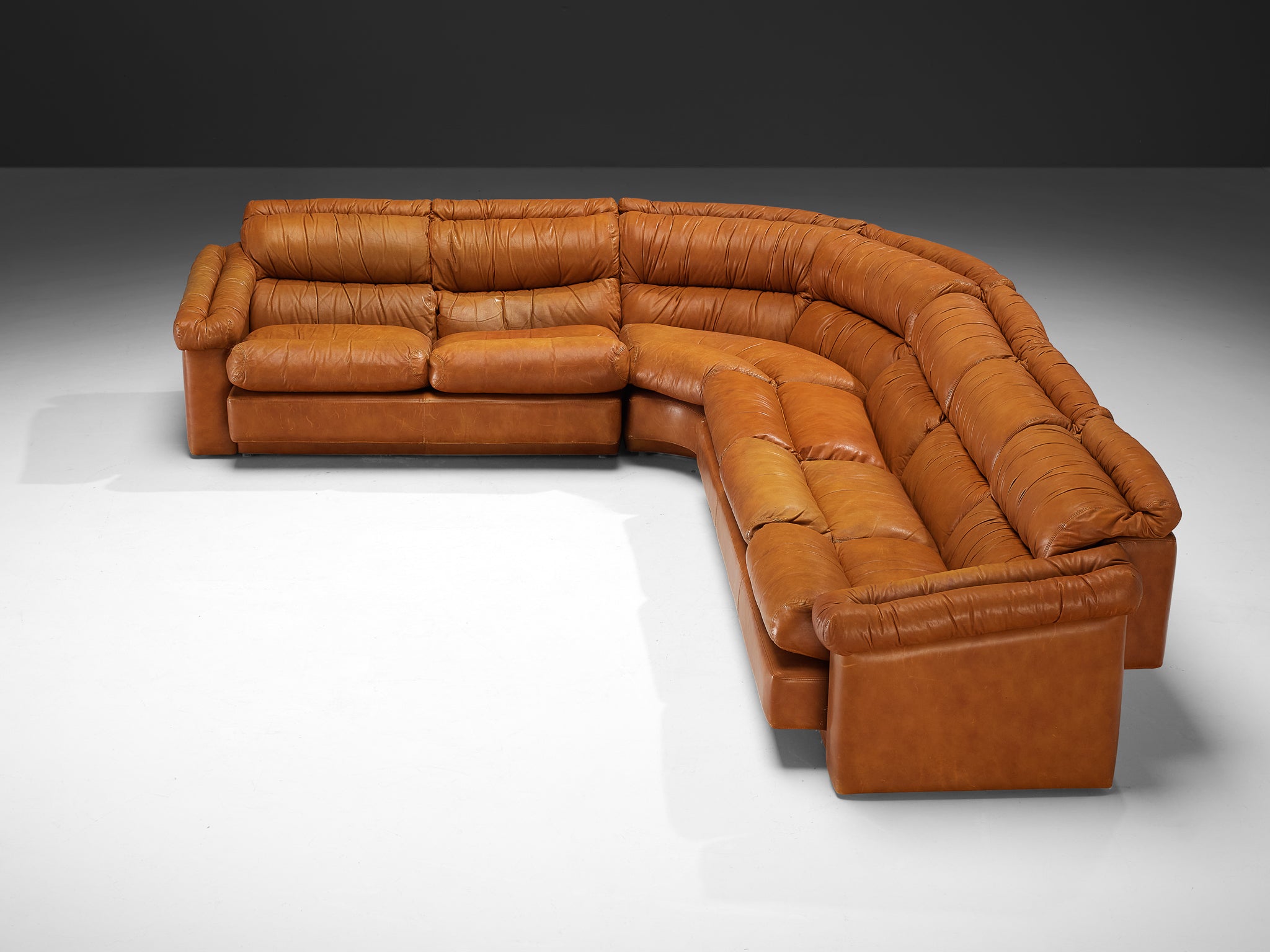 Italian Post-Modern Sectional Corner Sofa in Cognac Brown Leather Seating Morentz