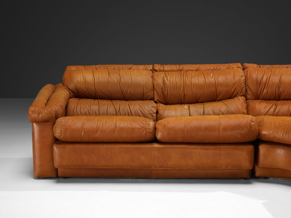 Italian Post-Modern Sectional Corner Sofa in Cognac Brown Leather Seating Morentz