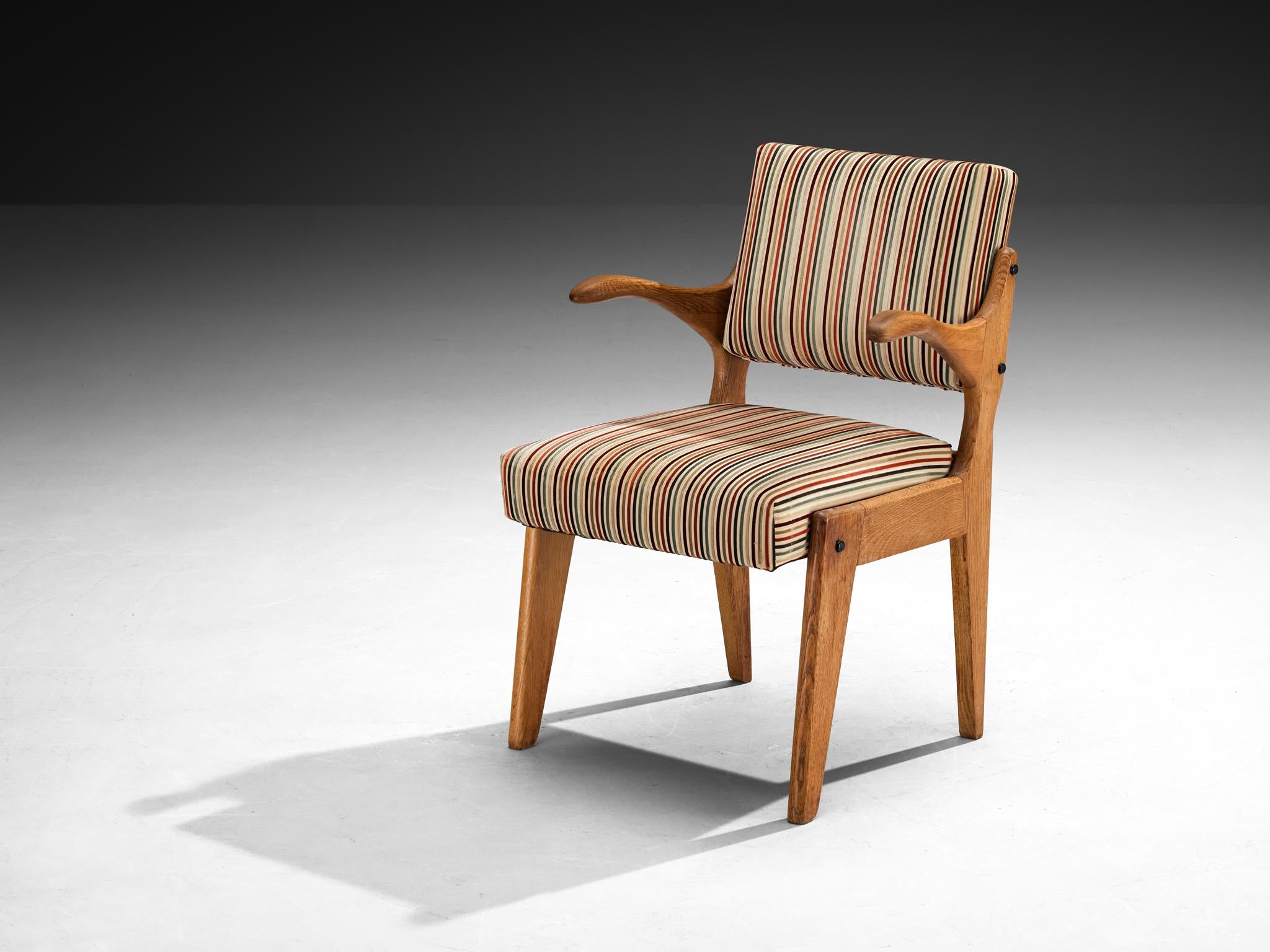 Guillerme & Chambron 'Bridge Etudiant' Oak Armchair Colorful Striped Fabric seating Morentz