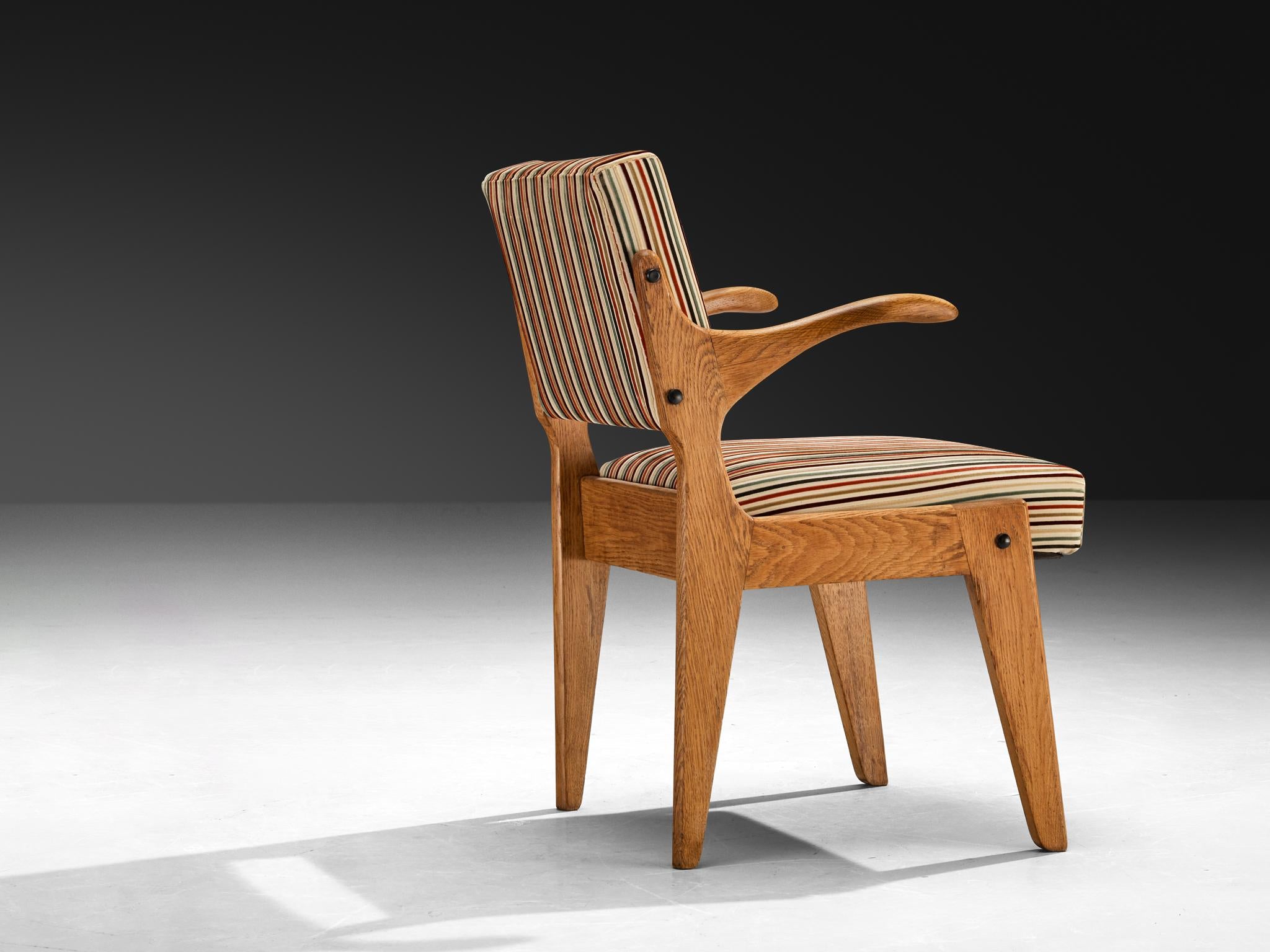 Guillerme & Chambron 'Bridge Etudiant' Oak Armchair Colorful Striped Fabric seating Morentz