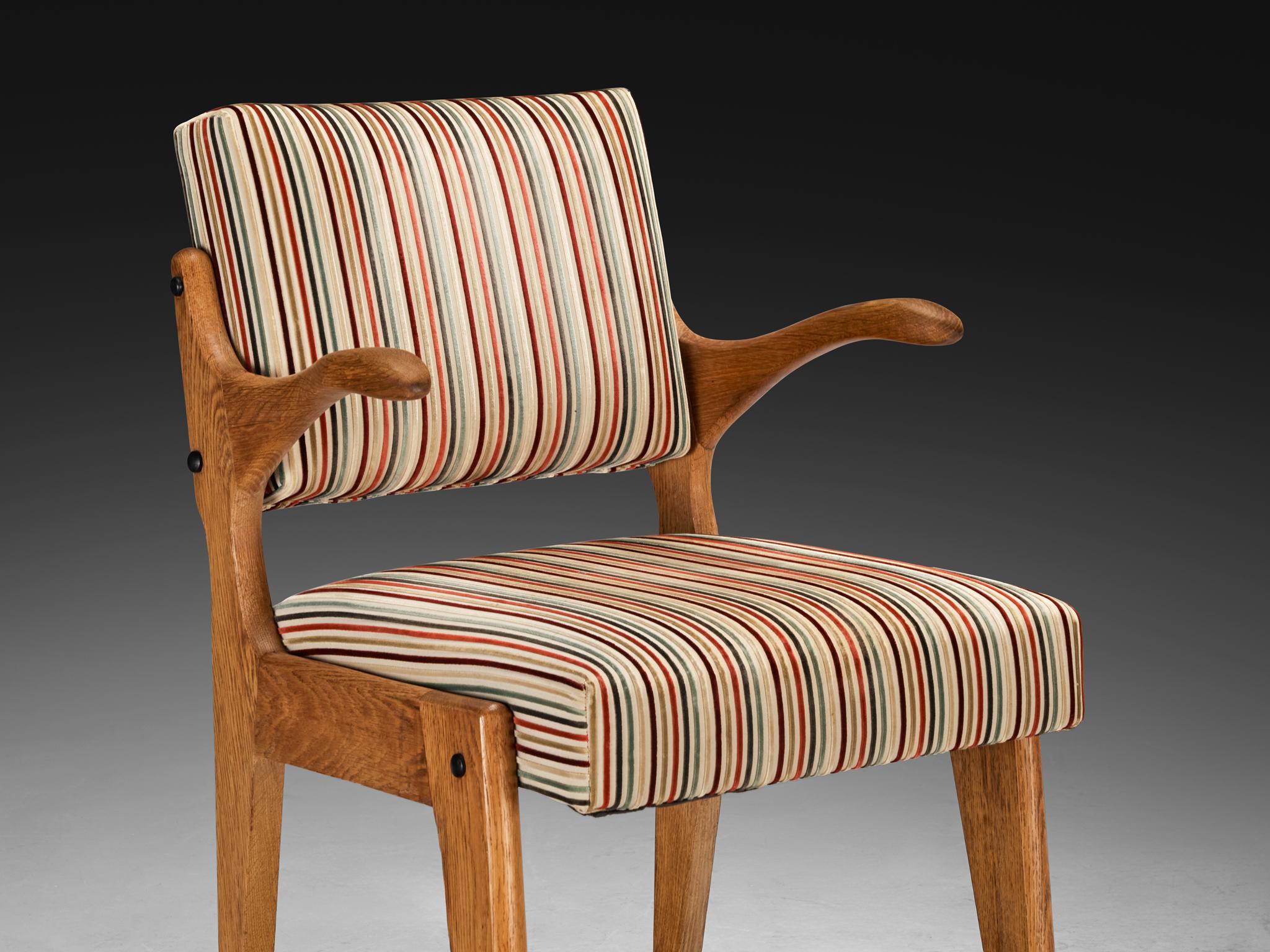 Guillerme & Chambron 'Bridge Etudiant' Oak Armchair Colorful Striped Fabric seating Morentz