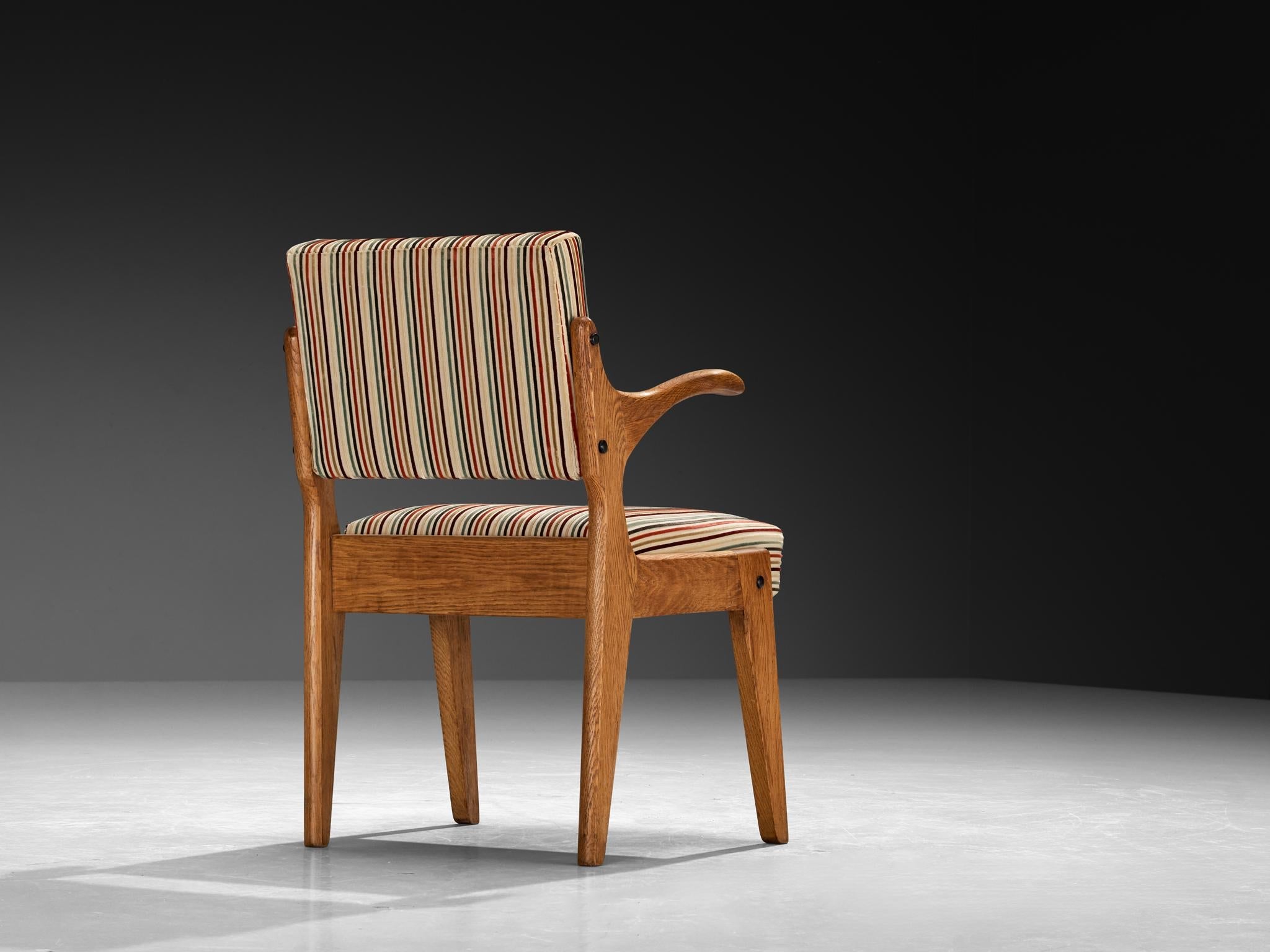 Guillerme & Chambron 'Bridge Etudiant' Oak Armchair Colorful Striped Fabric seating Morentz