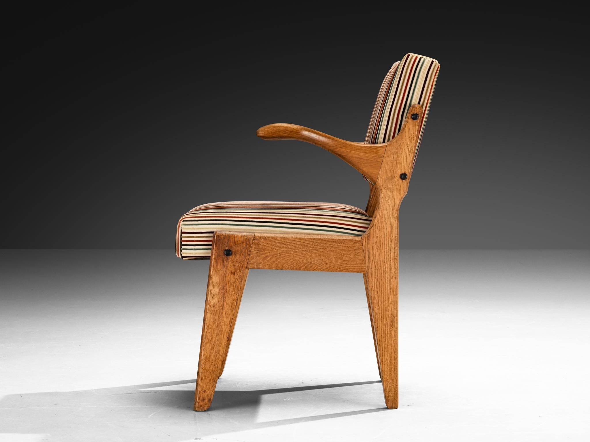 Guillerme & Chambron 'Bridge Etudiant' Oak Armchair Colorful Striped Fabric seating Morentz