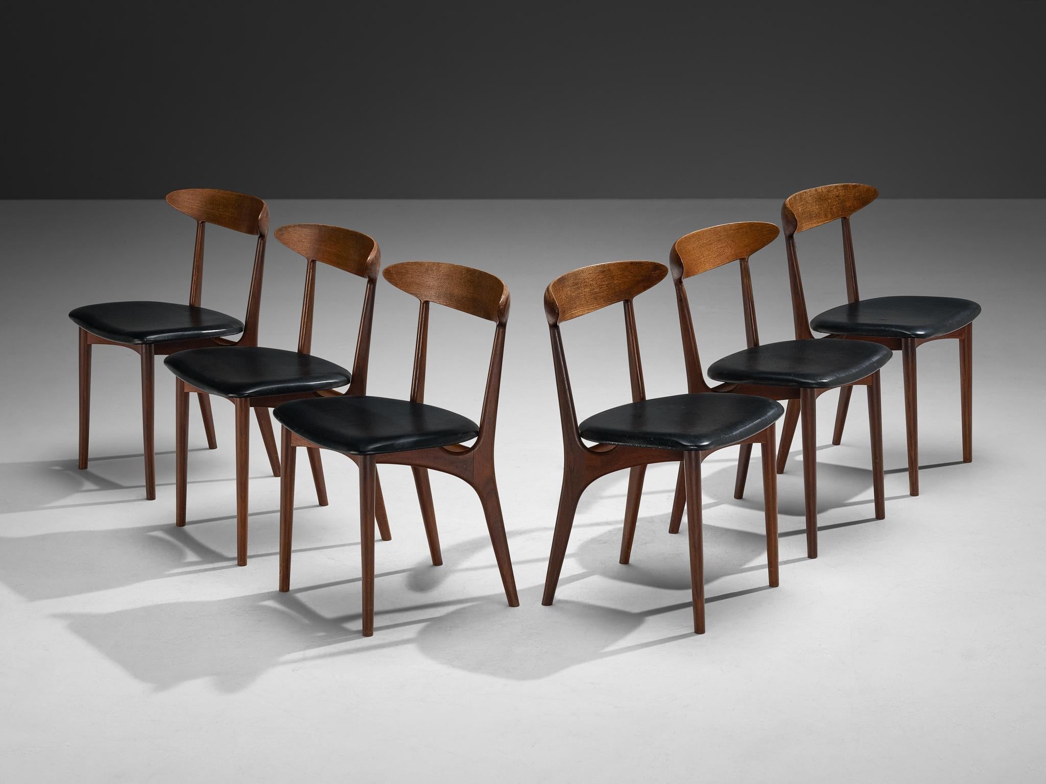 Kurt Østervig Set of Six Dining Chairs in Wood and Leatherette seating Morentz