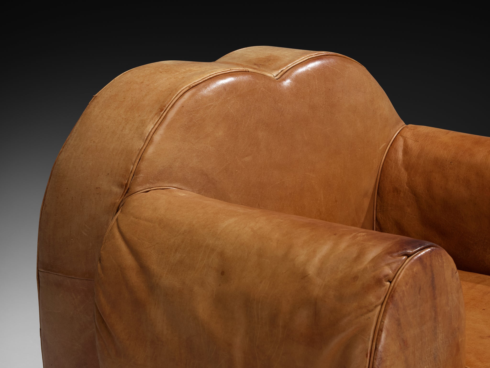 French Art Deco Pair of Lounge Chairs in Cognac Leather Seating Morentz