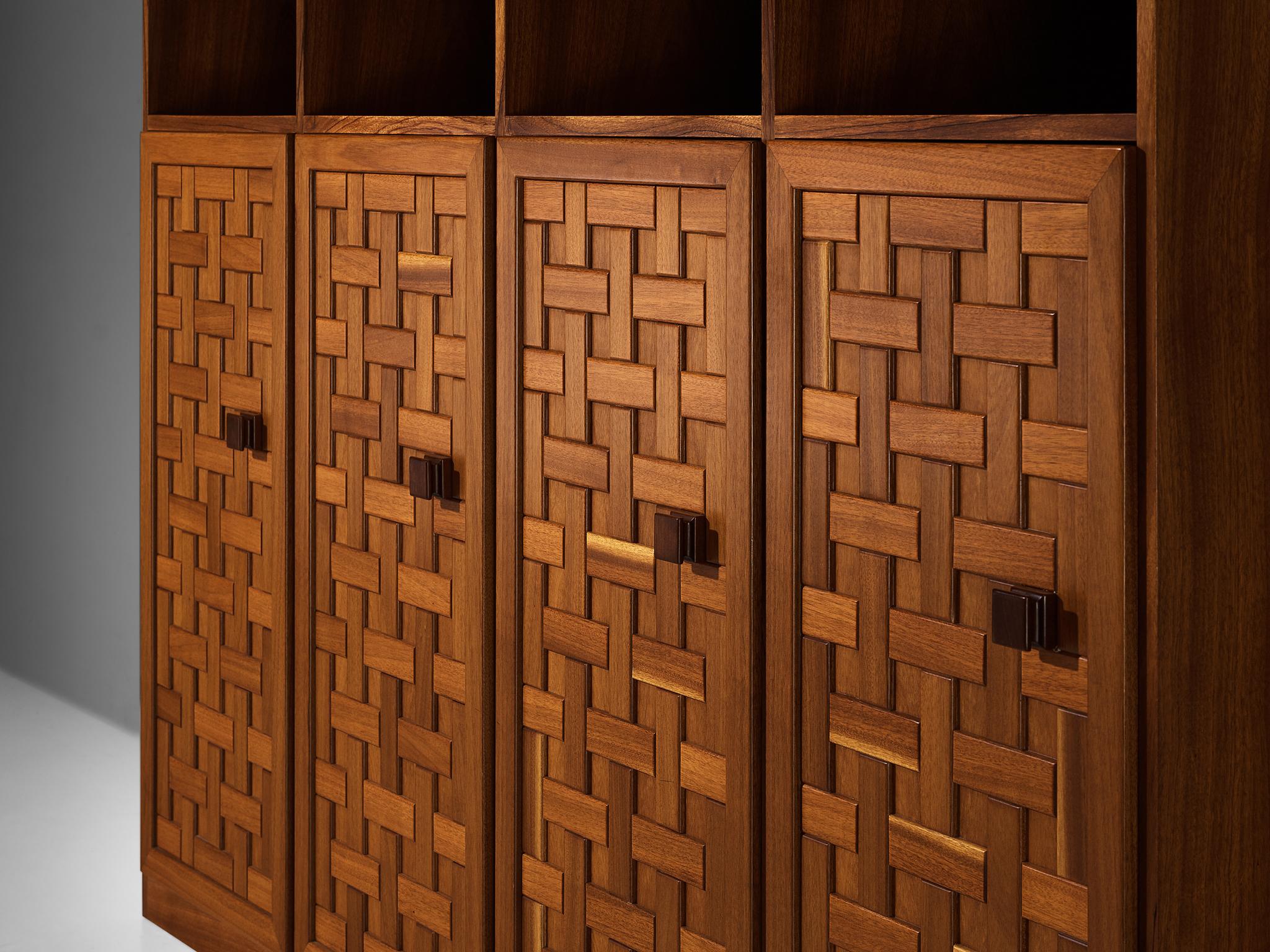 Italian Architectural Grid-Structured Higboard or Bookcase in Walnut case pieces and storage cabinets Morentz